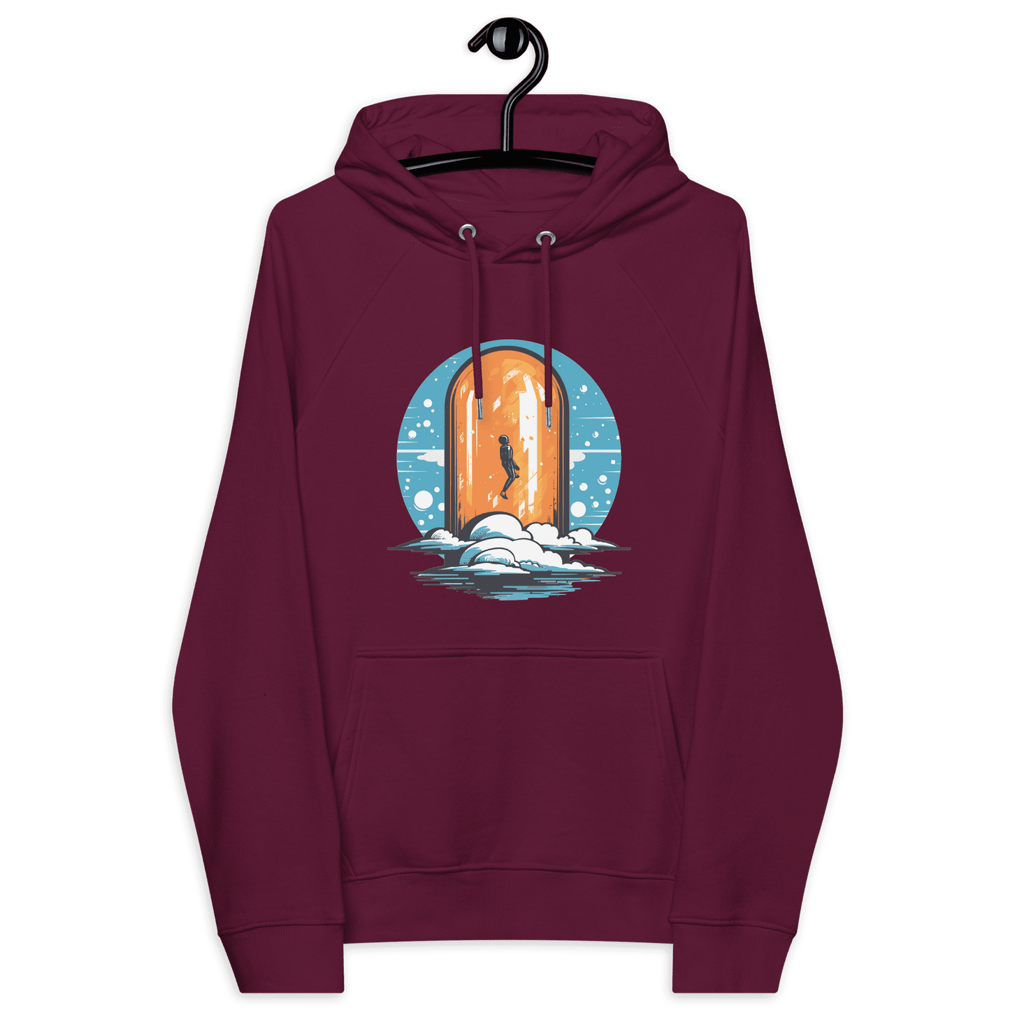 Front view of a burgundy bitcoin hoodie.