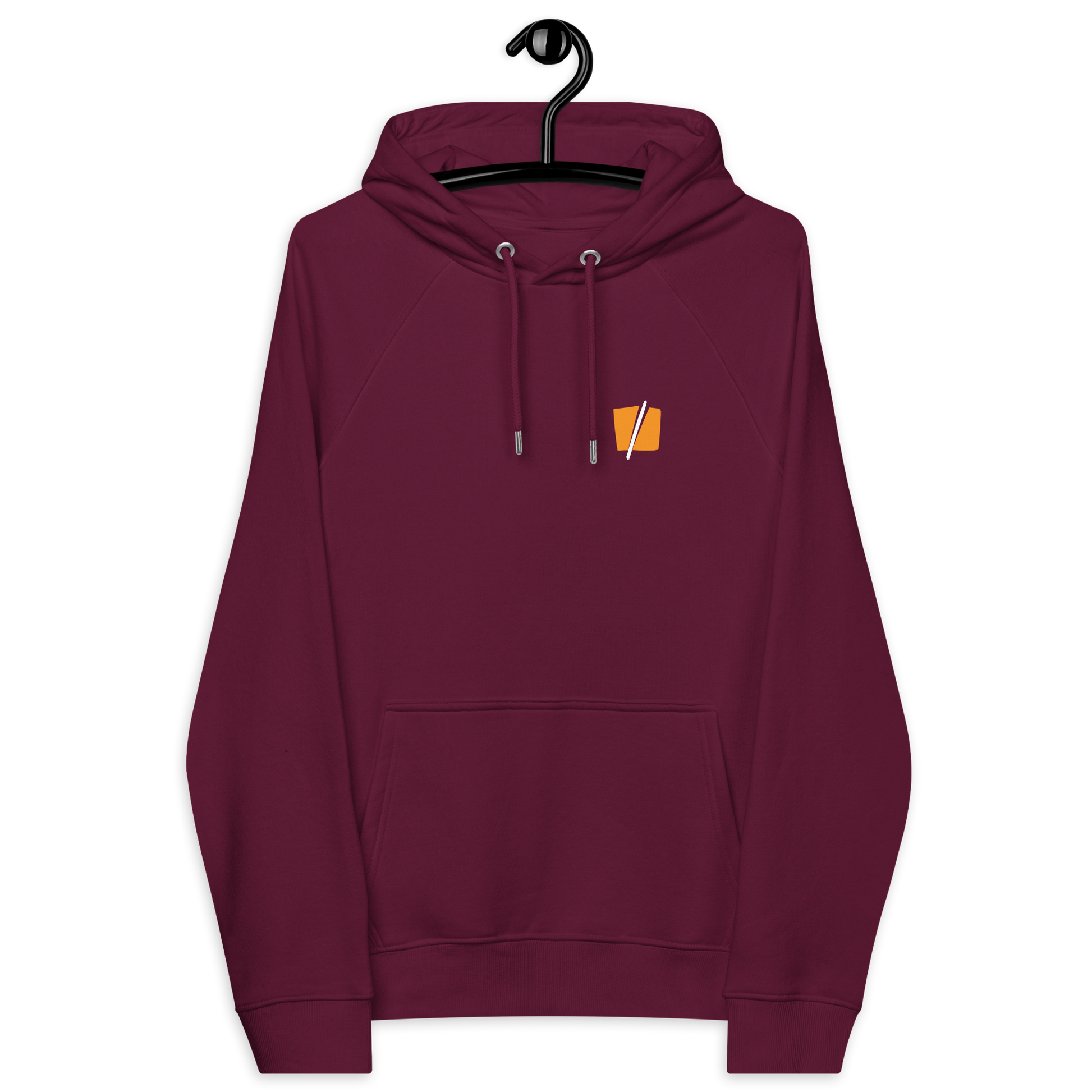 Front view of a burgundy bitcoin hoodie.