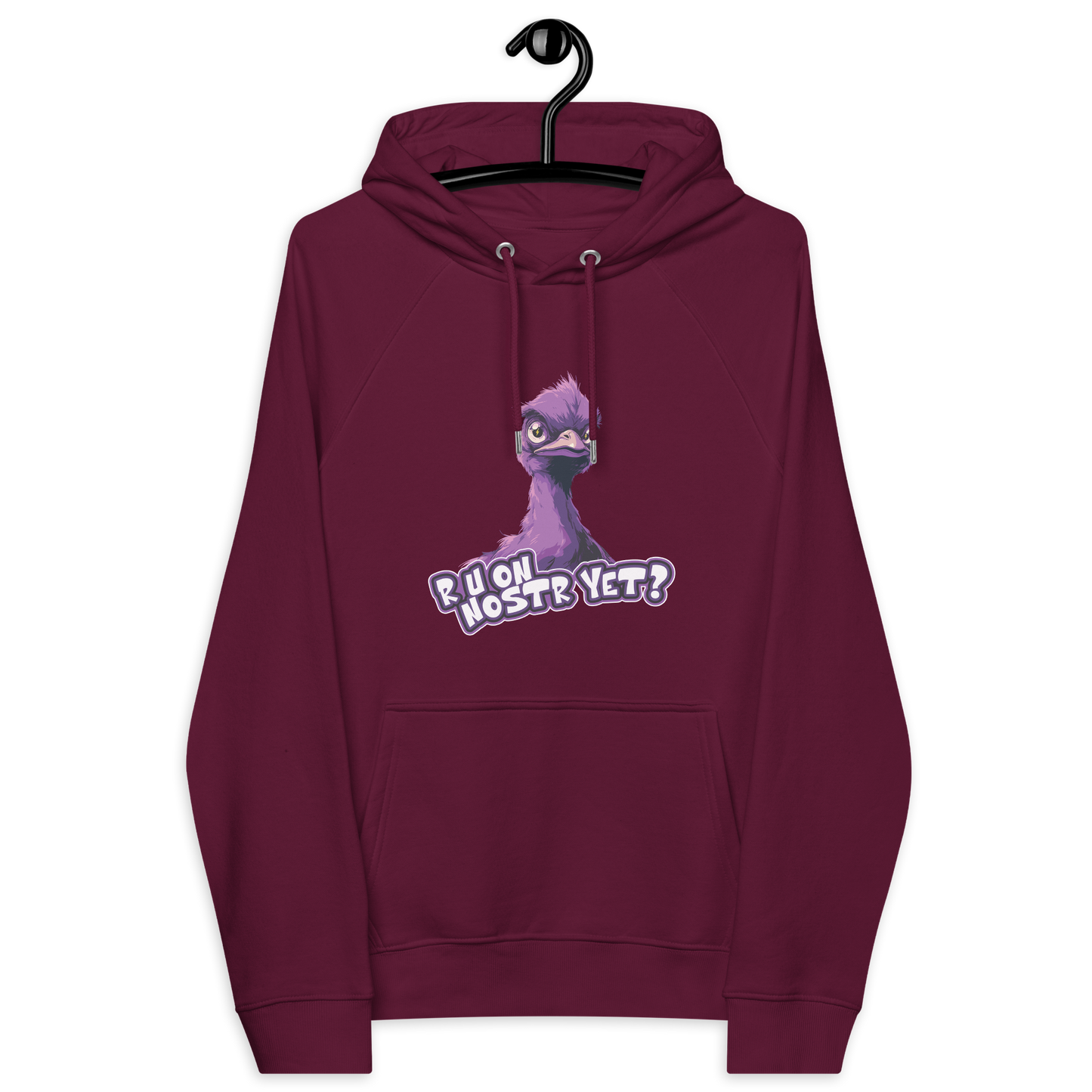 Front view of a burgundy nostr hoodie.