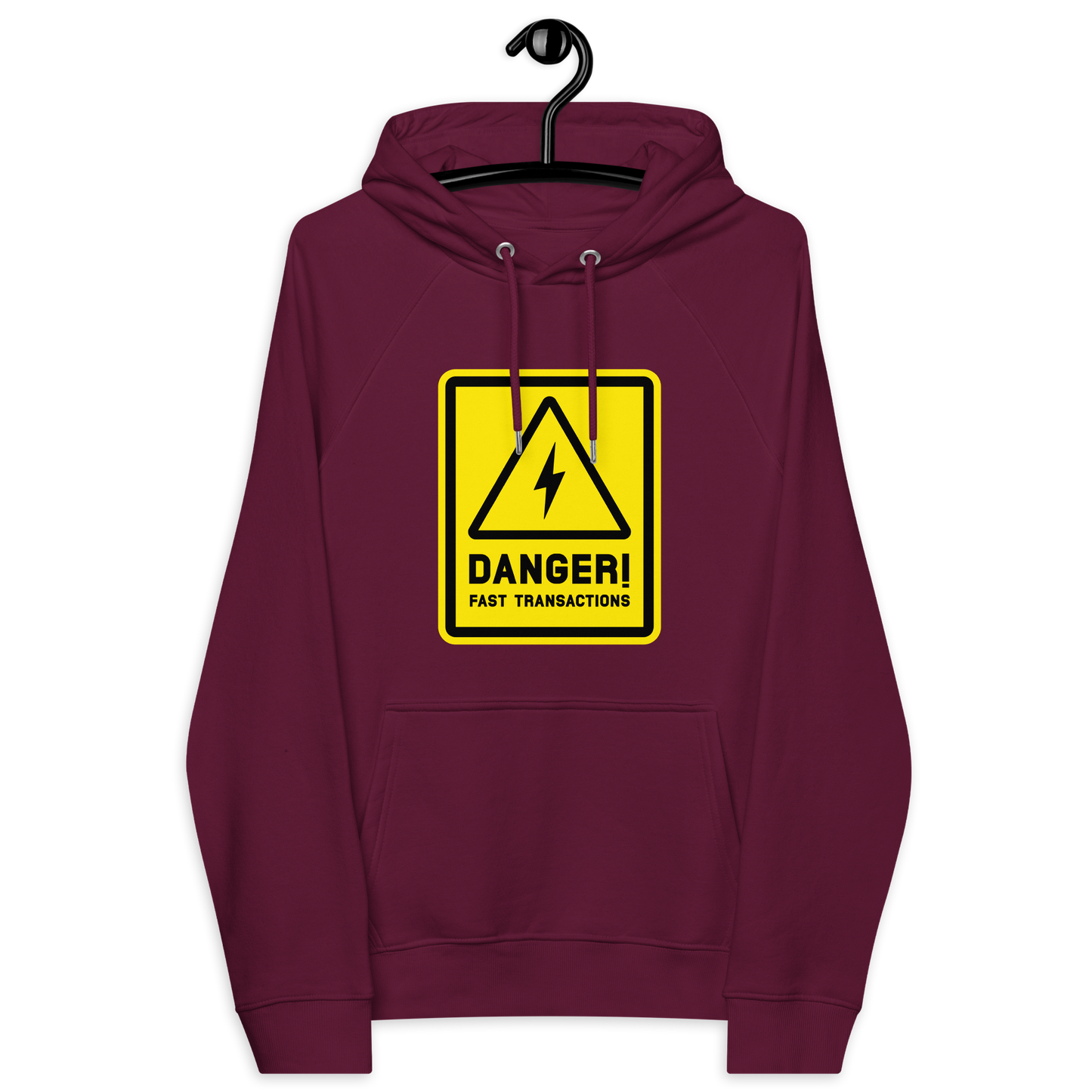 Front view of a burgundy bitcoin hoodie.