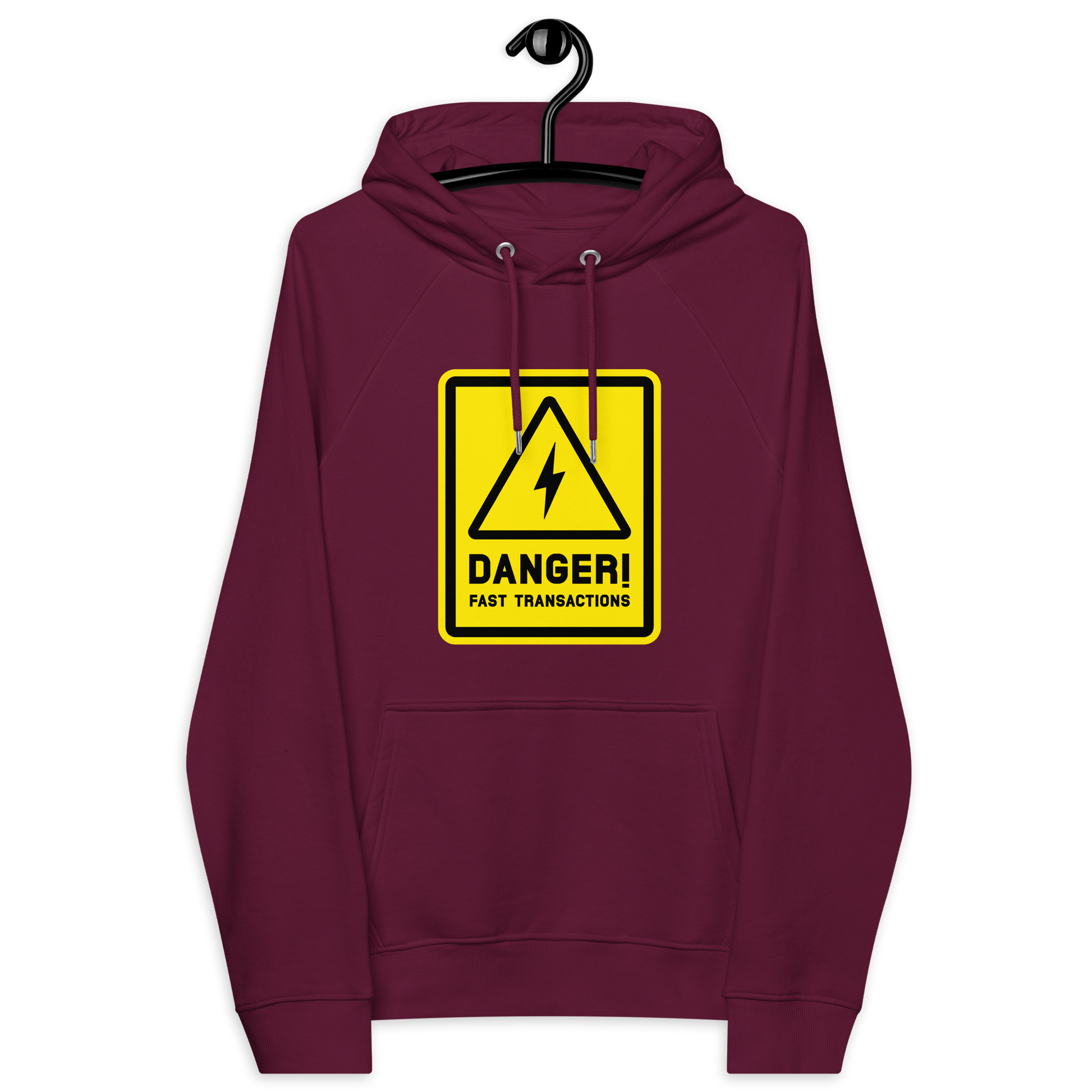 Front view of a burgundy bitcoin hoodie.