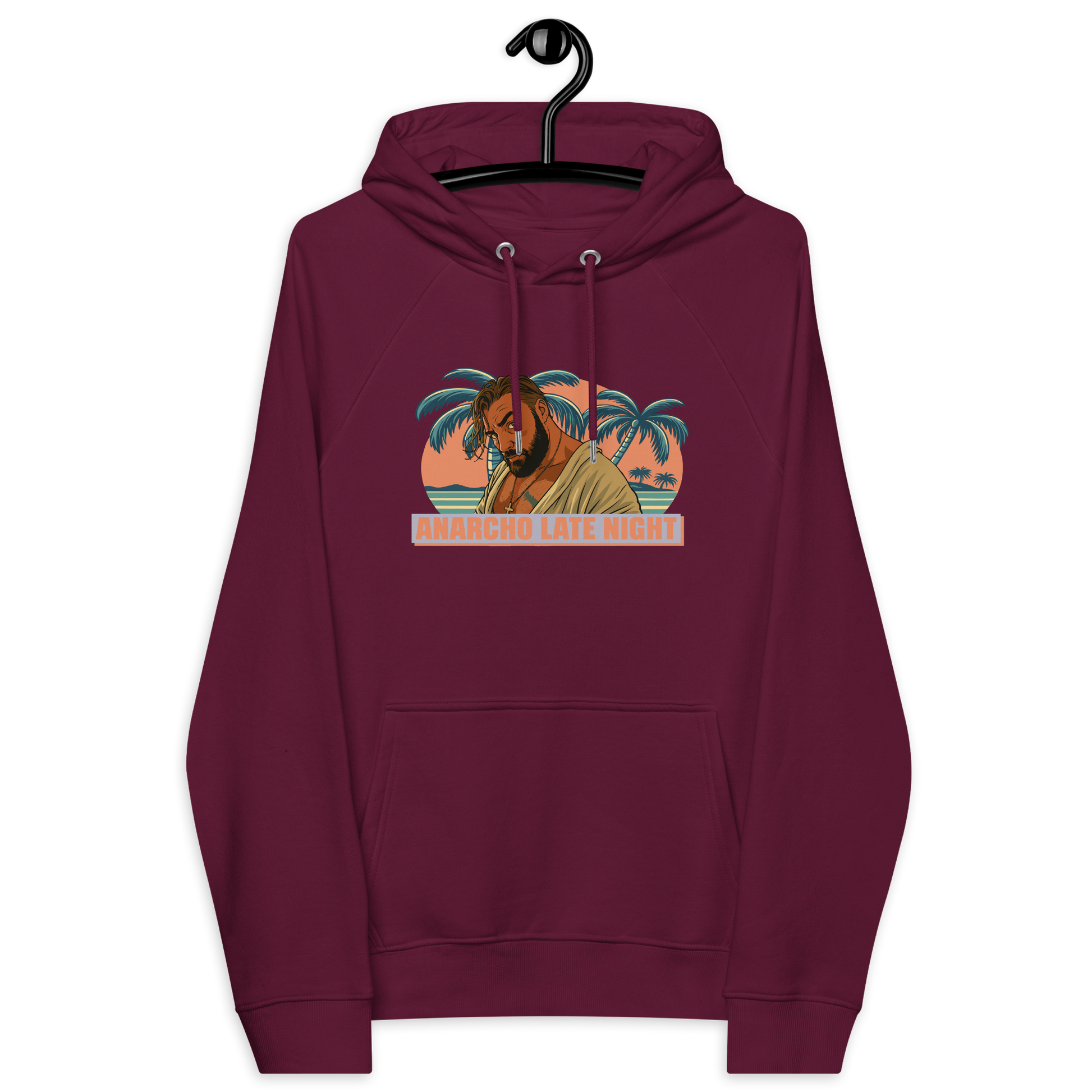 Front view of a burgundy aln hoodie.