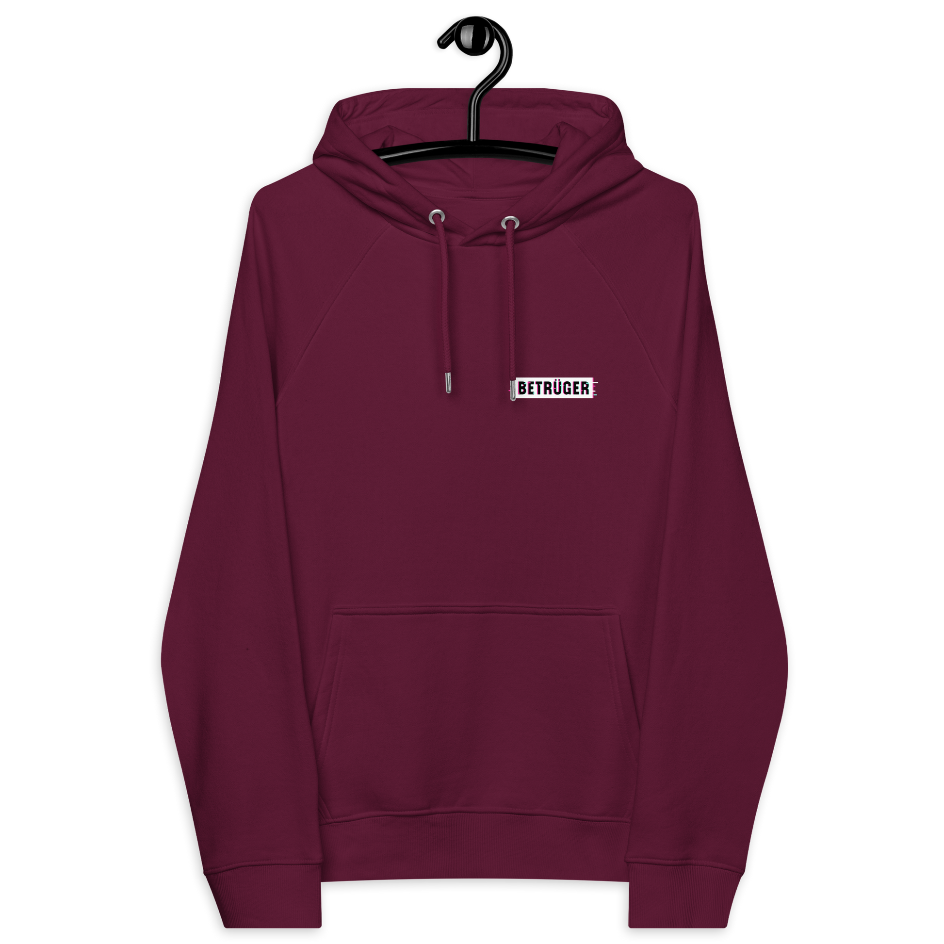 Front view of a burgundy aln hoodie.