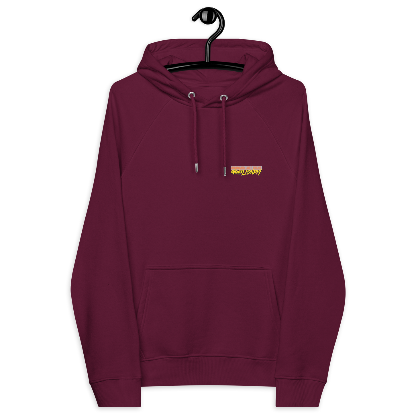 Front view of a burgundy aln hoodie.