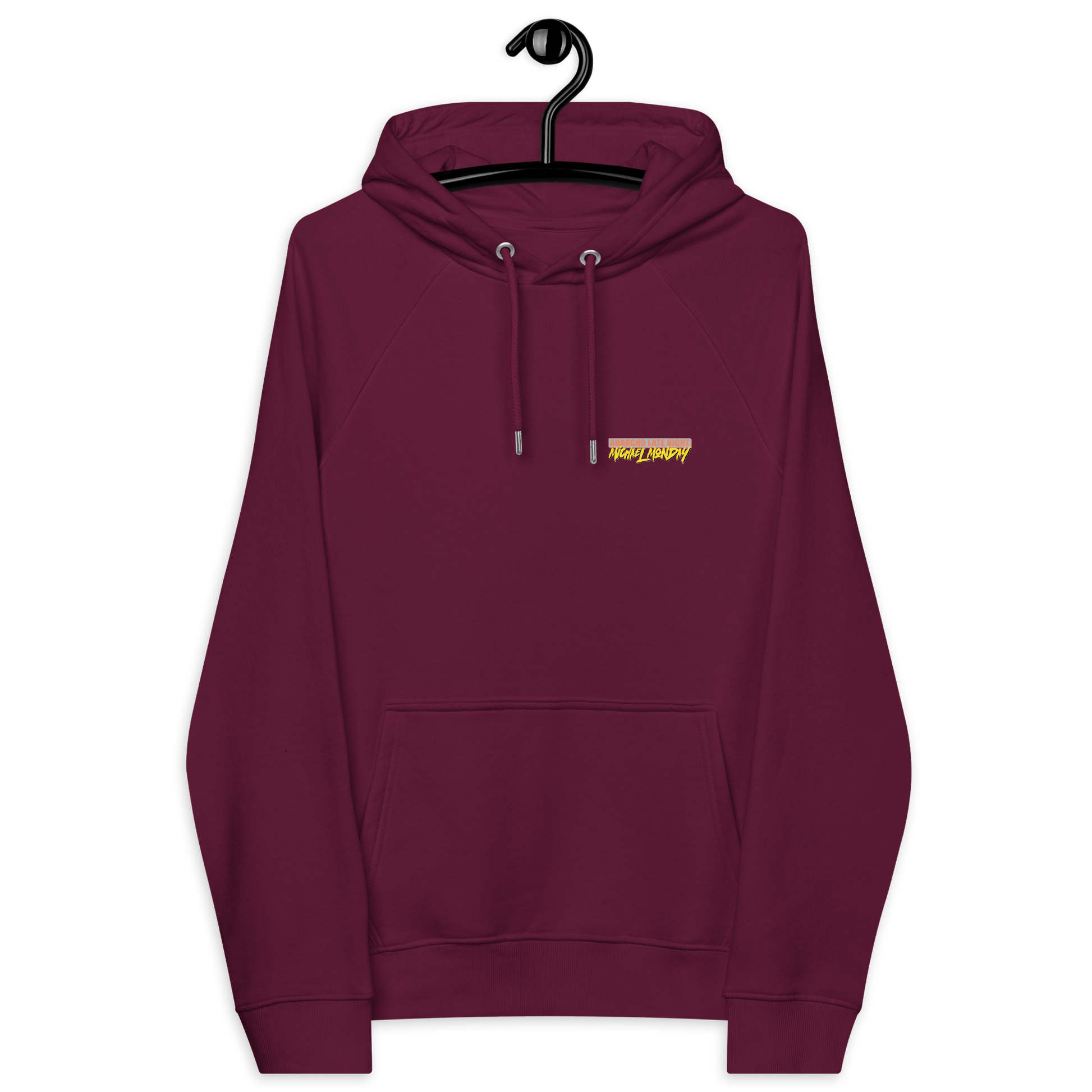 Front view of a burgundy aln hoodie.