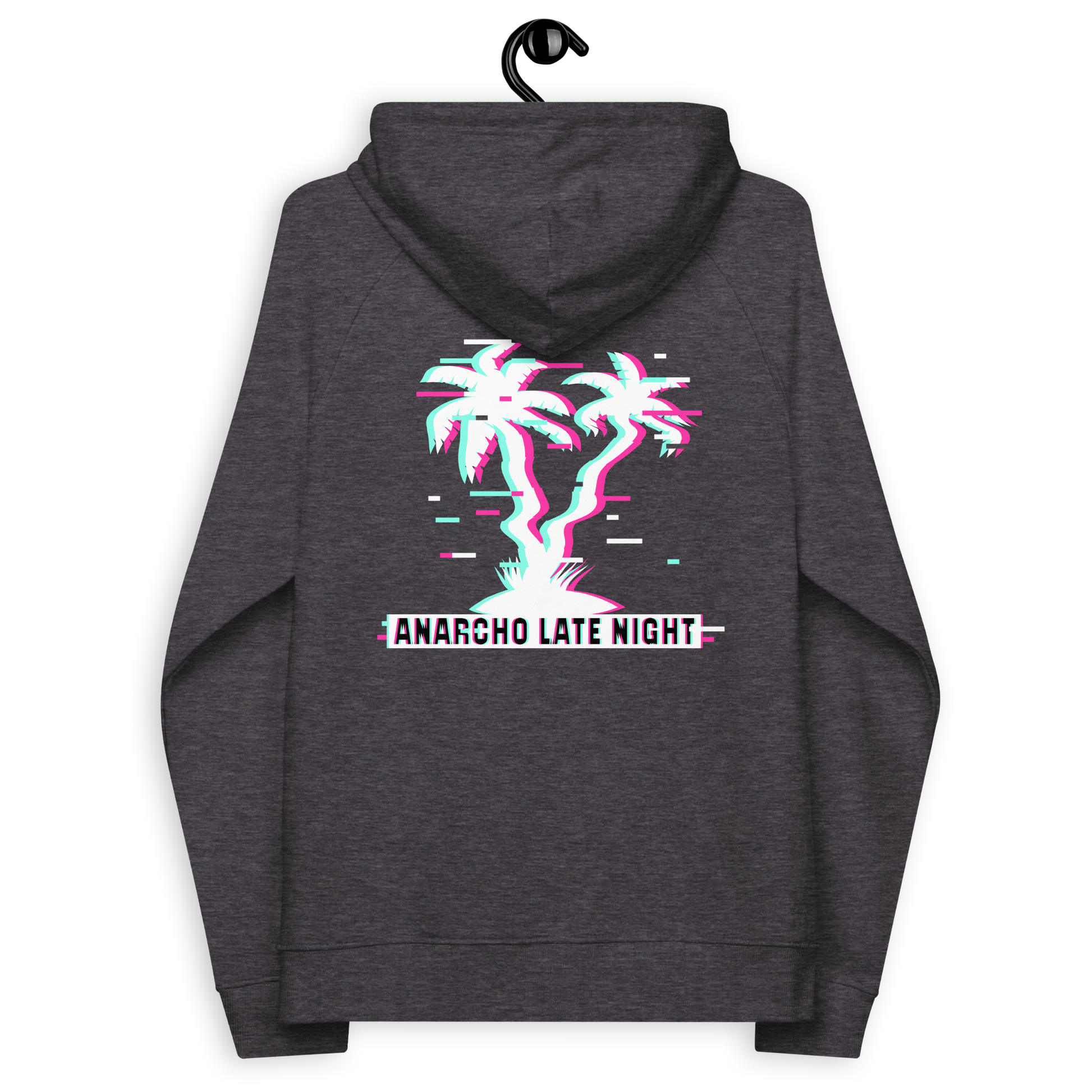 Back view of a charcoal melange colored aln hoodie.