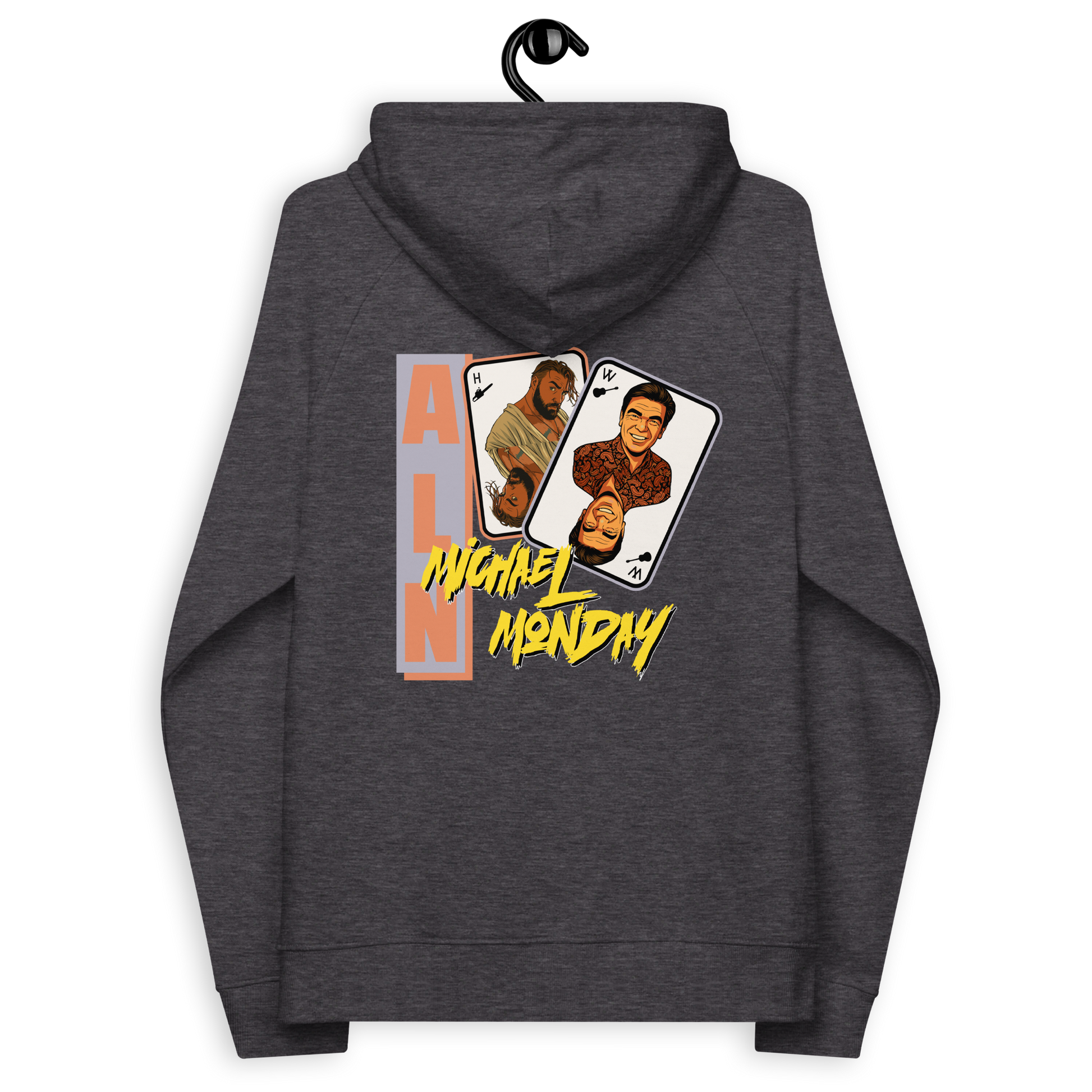 Back view of a charcoal melange colored aln hoodie.