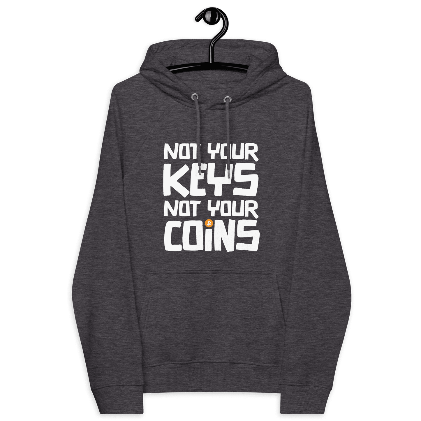 Front view of a charcoal melange colored bitcoin hoodie.