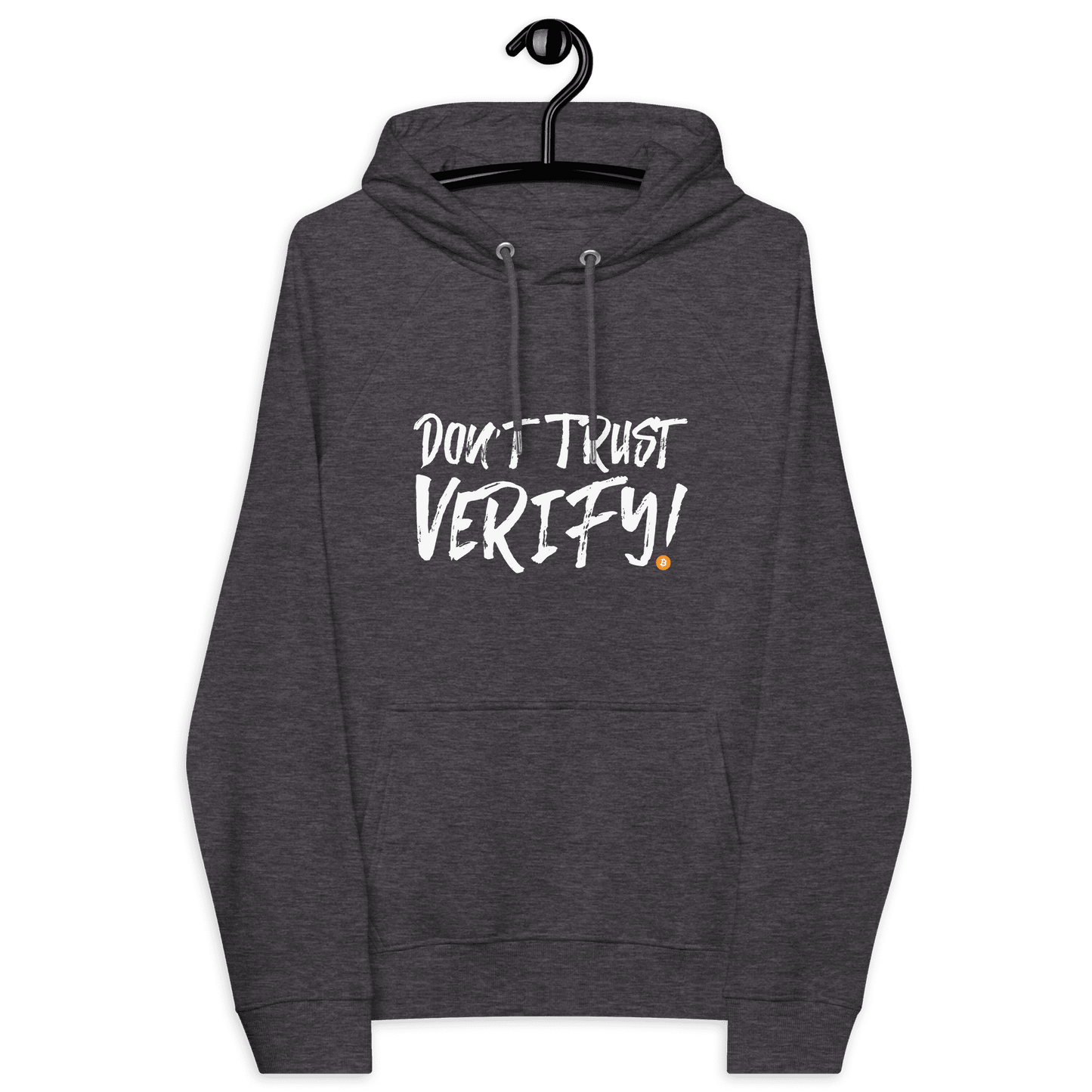 Front view of a charcoal melange colored bitcoin hoodie.