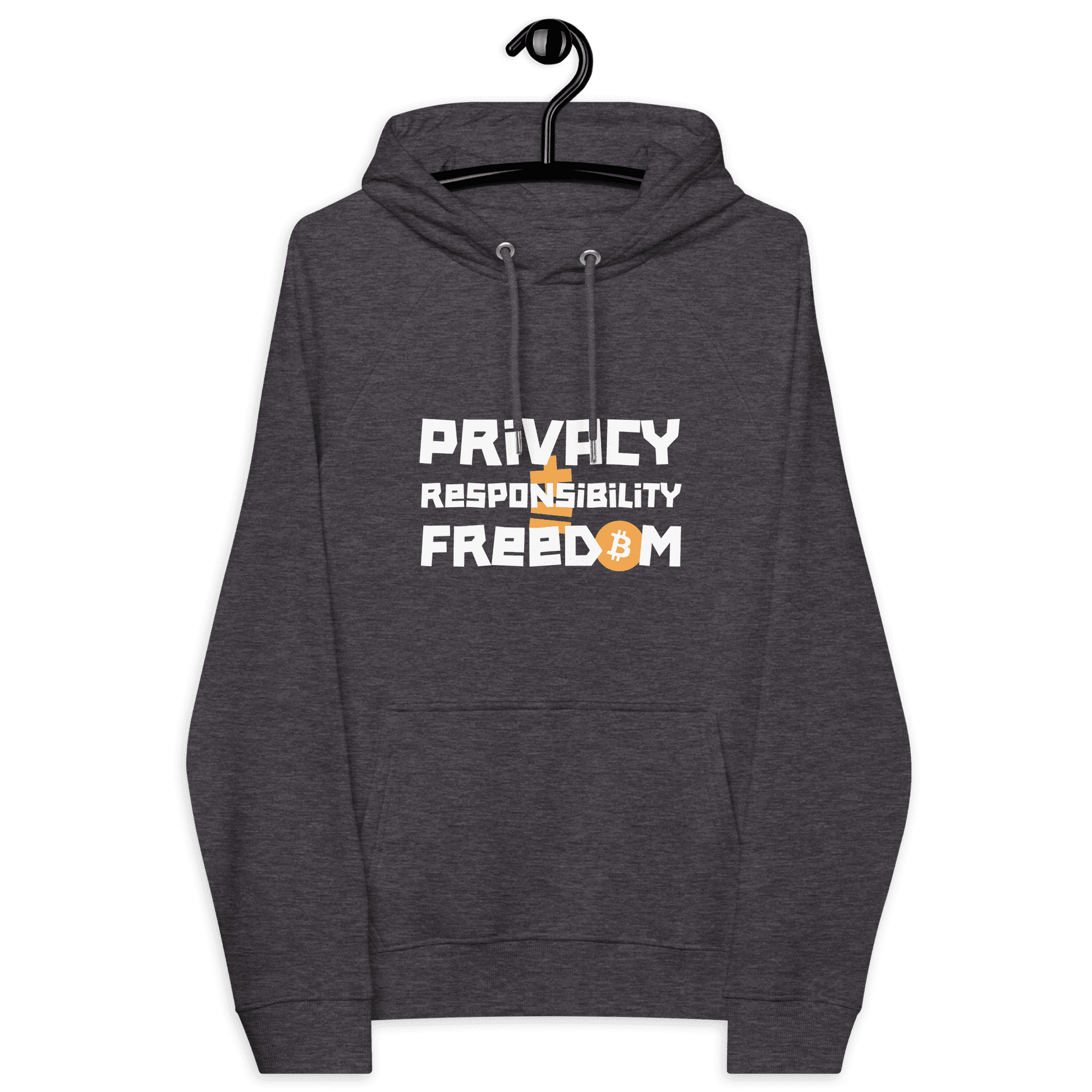 Front view of a charcoal melange colored bitcoin hoodie.