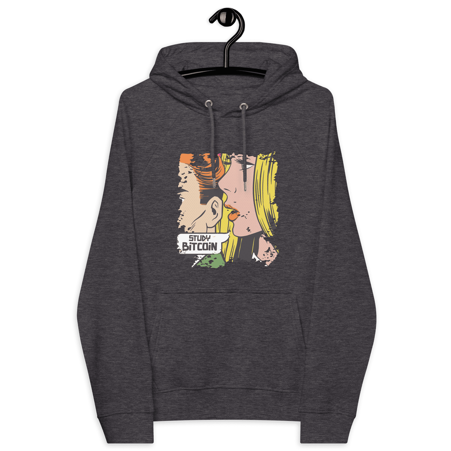 Front view of a charcoal melange colored bitcoin hoodie.