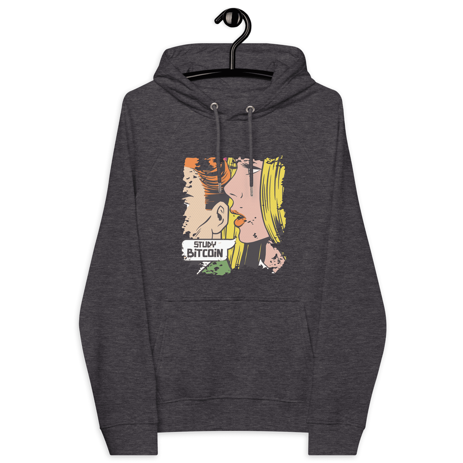 Front view of a charcoal melange colored bitcoin hoodie.
