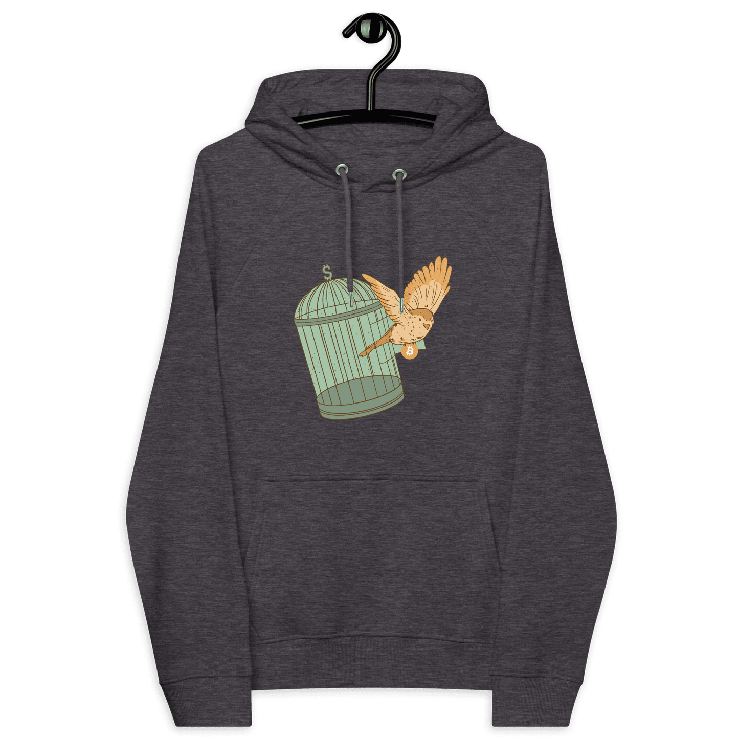 Front view of a charcoal melange colored bitcoin hoodie.