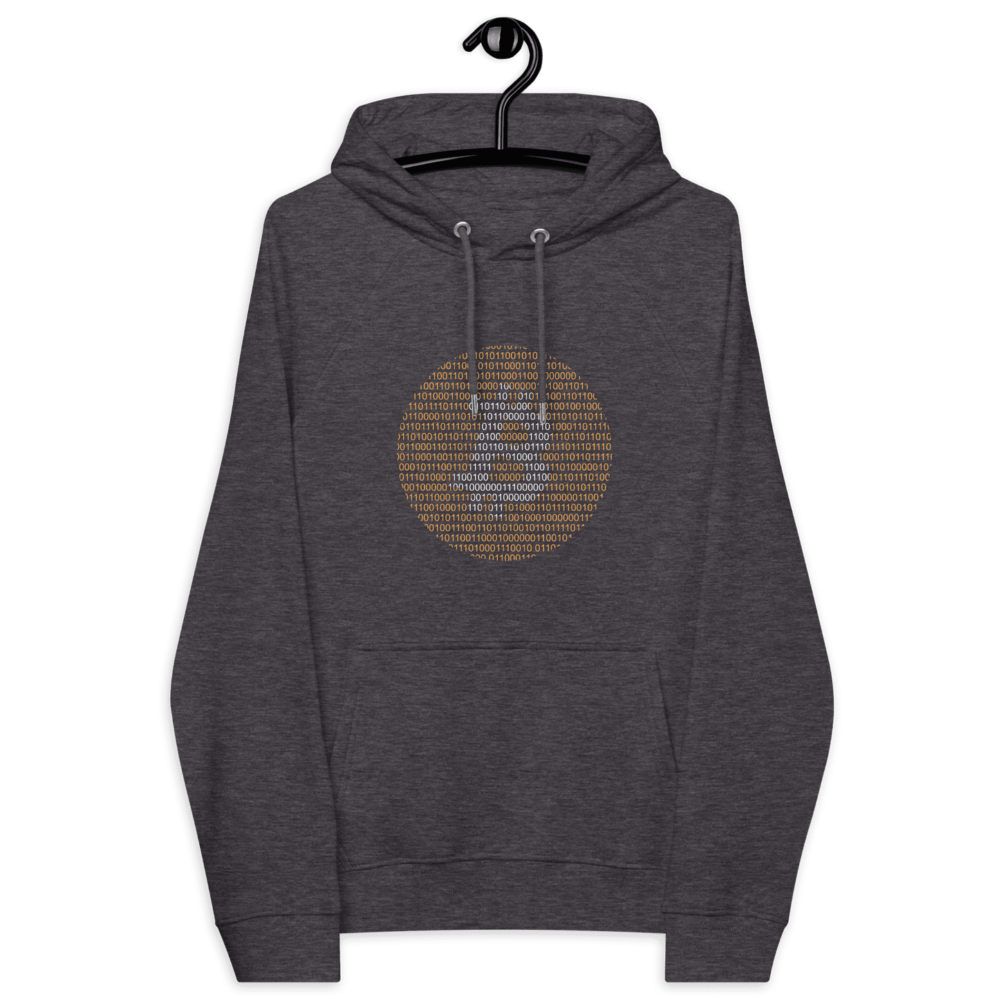 Front view of a charcoal melange colored bitcoin hoodie.
