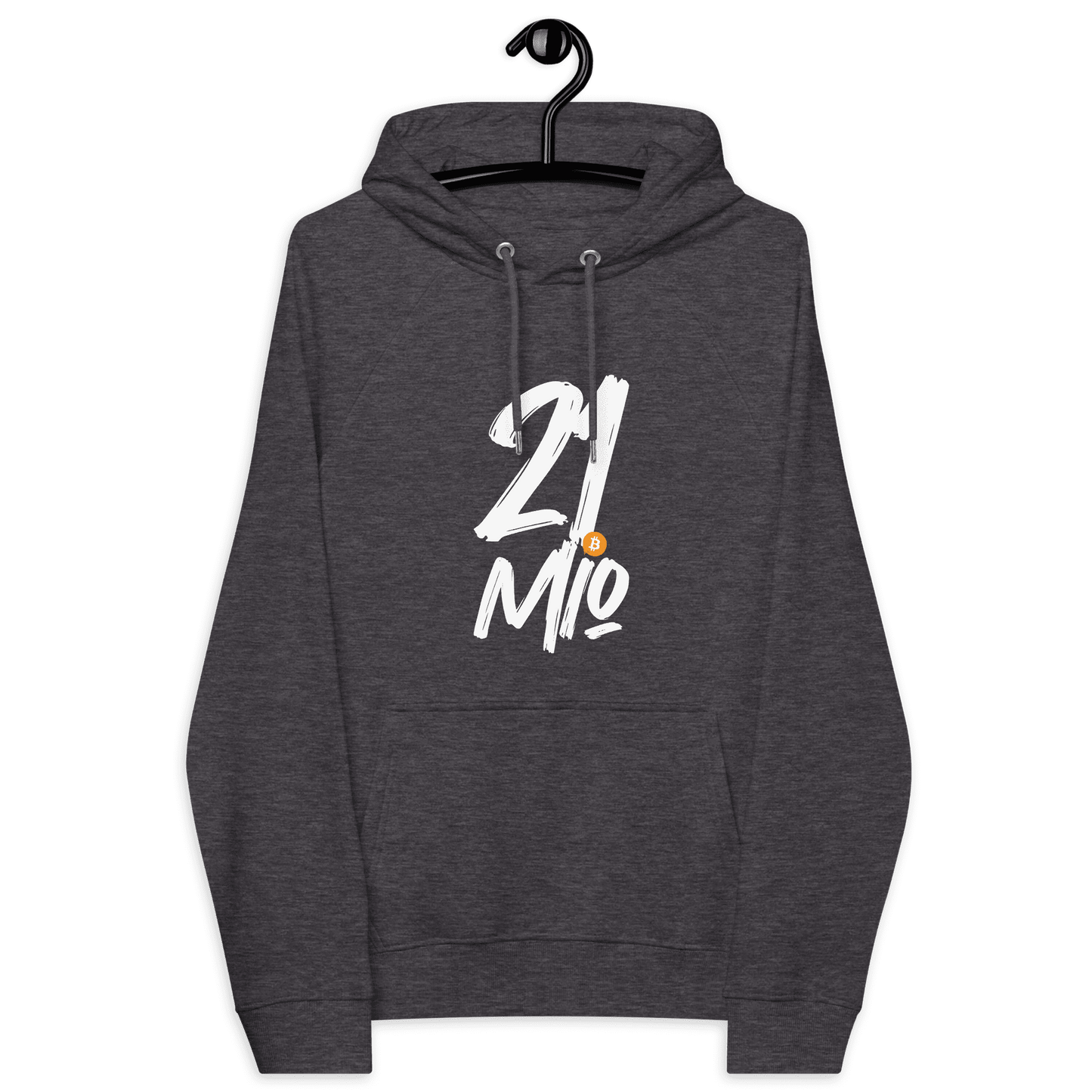 Front view of a charcoal melange colored bitcoin hoodie.