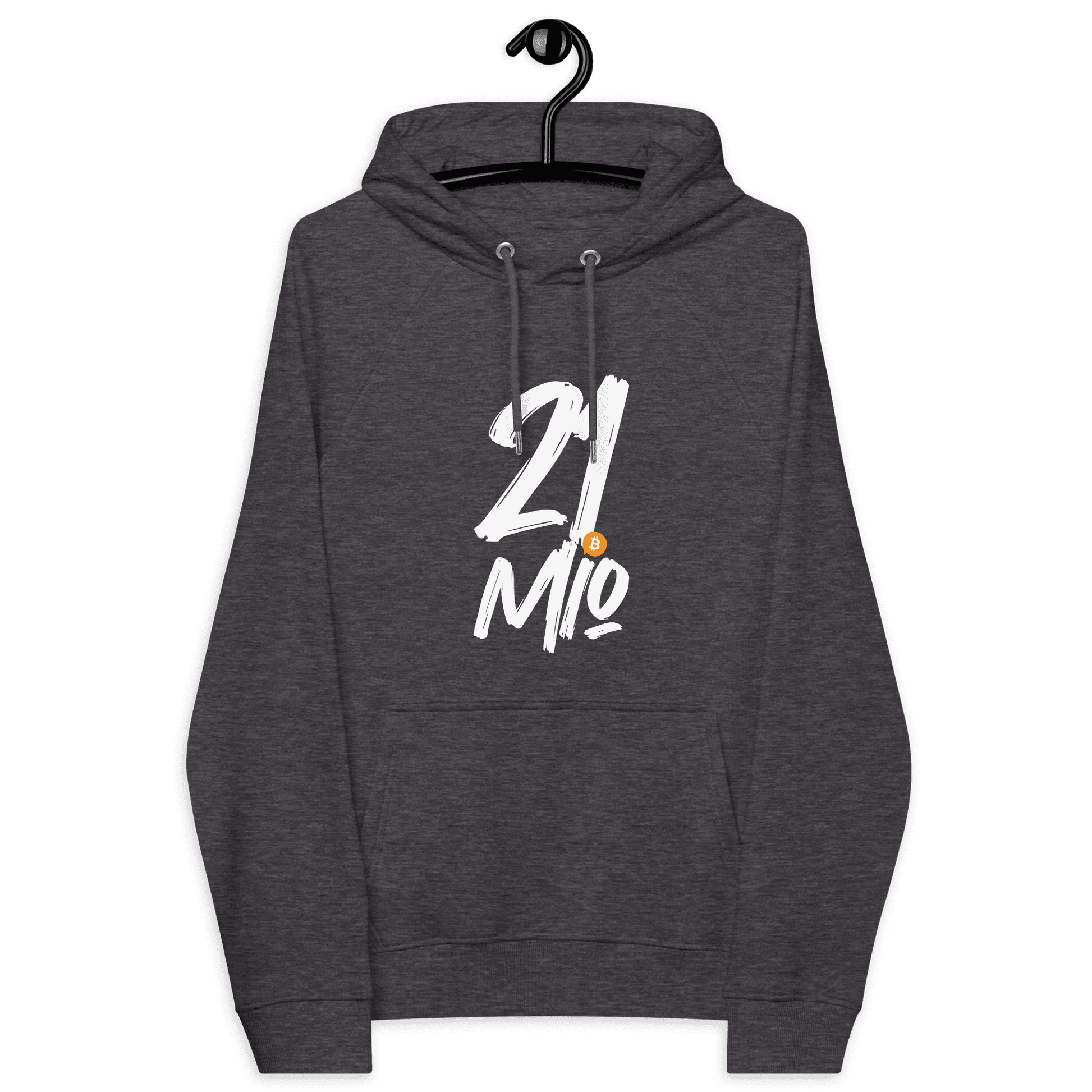 Front view of a charcoal melange colored bitcoin hoodie.