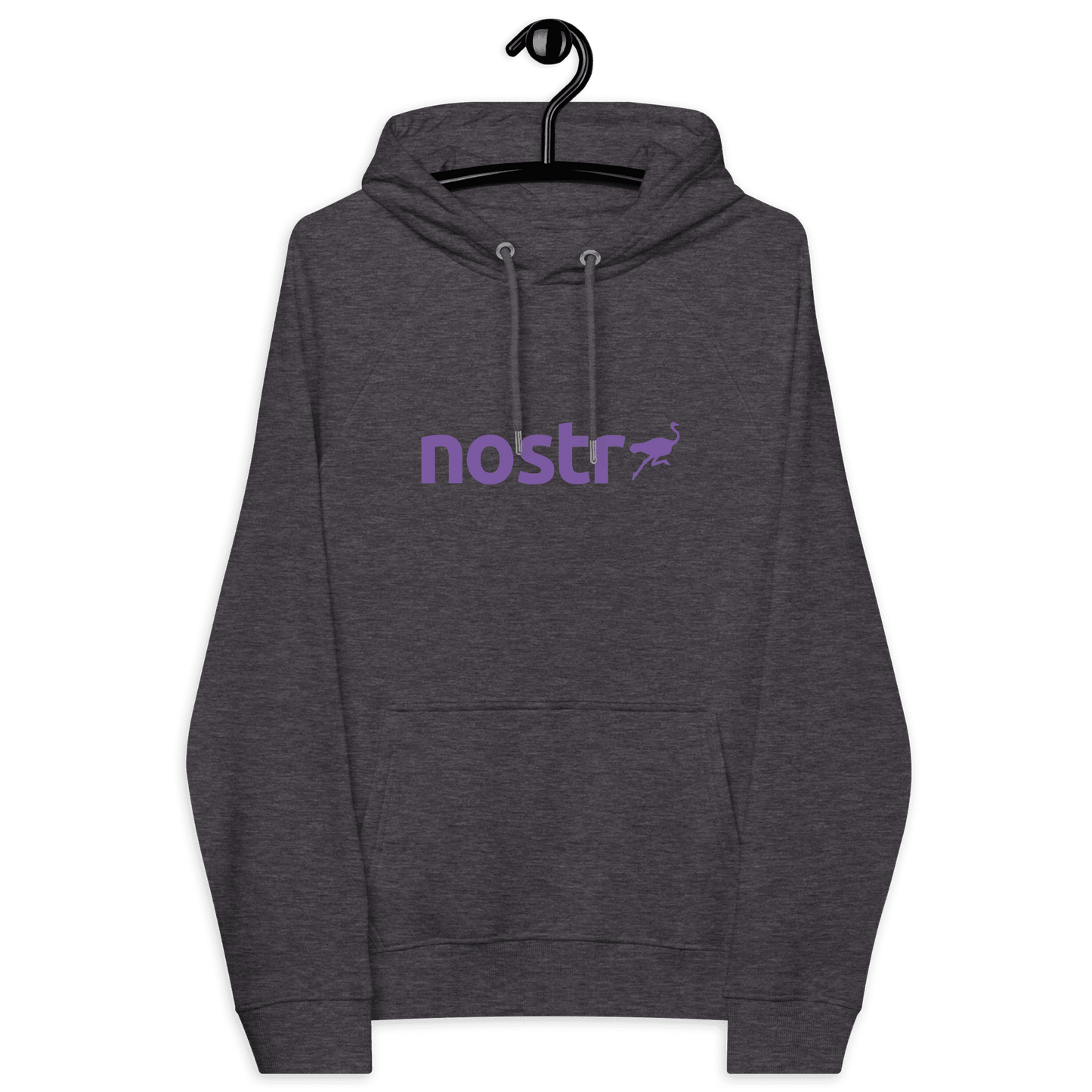 Front view of a charcoal melange colored nostr hoodie.