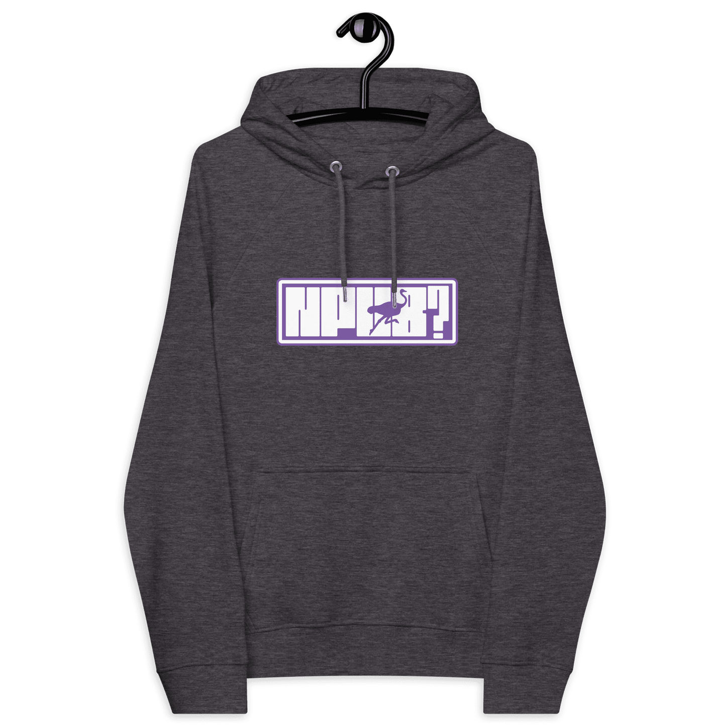 Front view of a charcoal melange colored nostr hoodie.