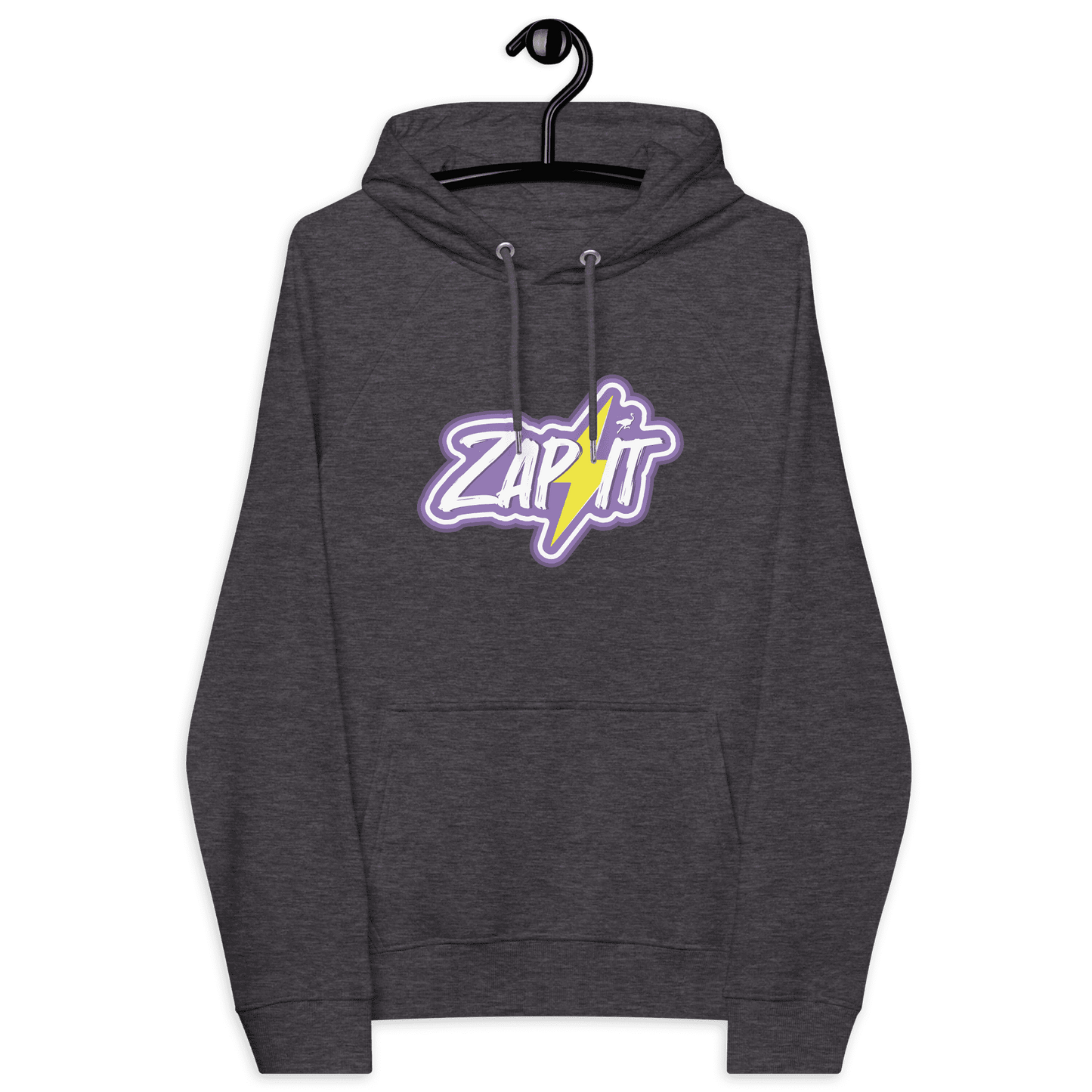 Front view of a charcoal melange colored nostr hoodie.