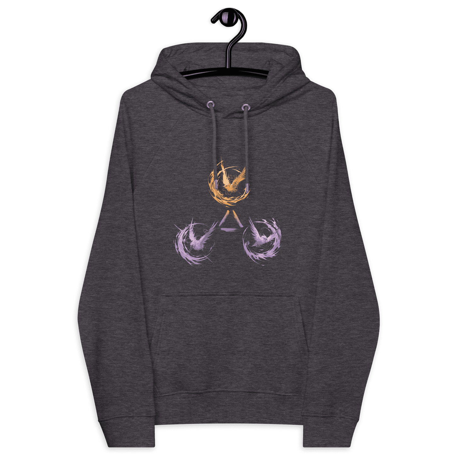 Front view of a charcoal melange colored bitcoin hoodie.