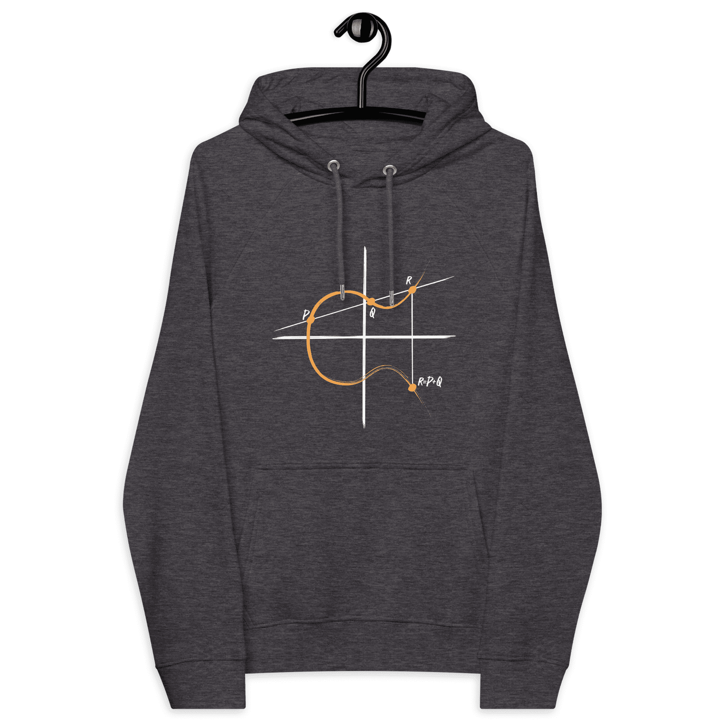 Front view of a charcoal melange colored bitcoin hoodie.