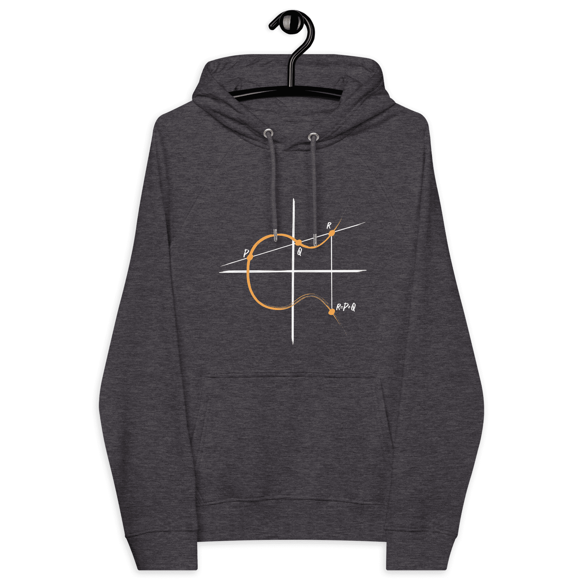 Front view of a charcoal melange colored bitcoin hoodie.