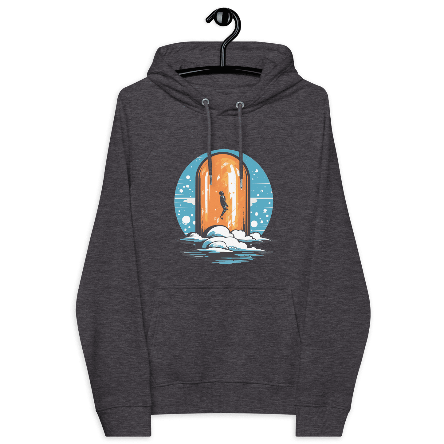Front view of a charcoal melange colored bitcoin hoodie.