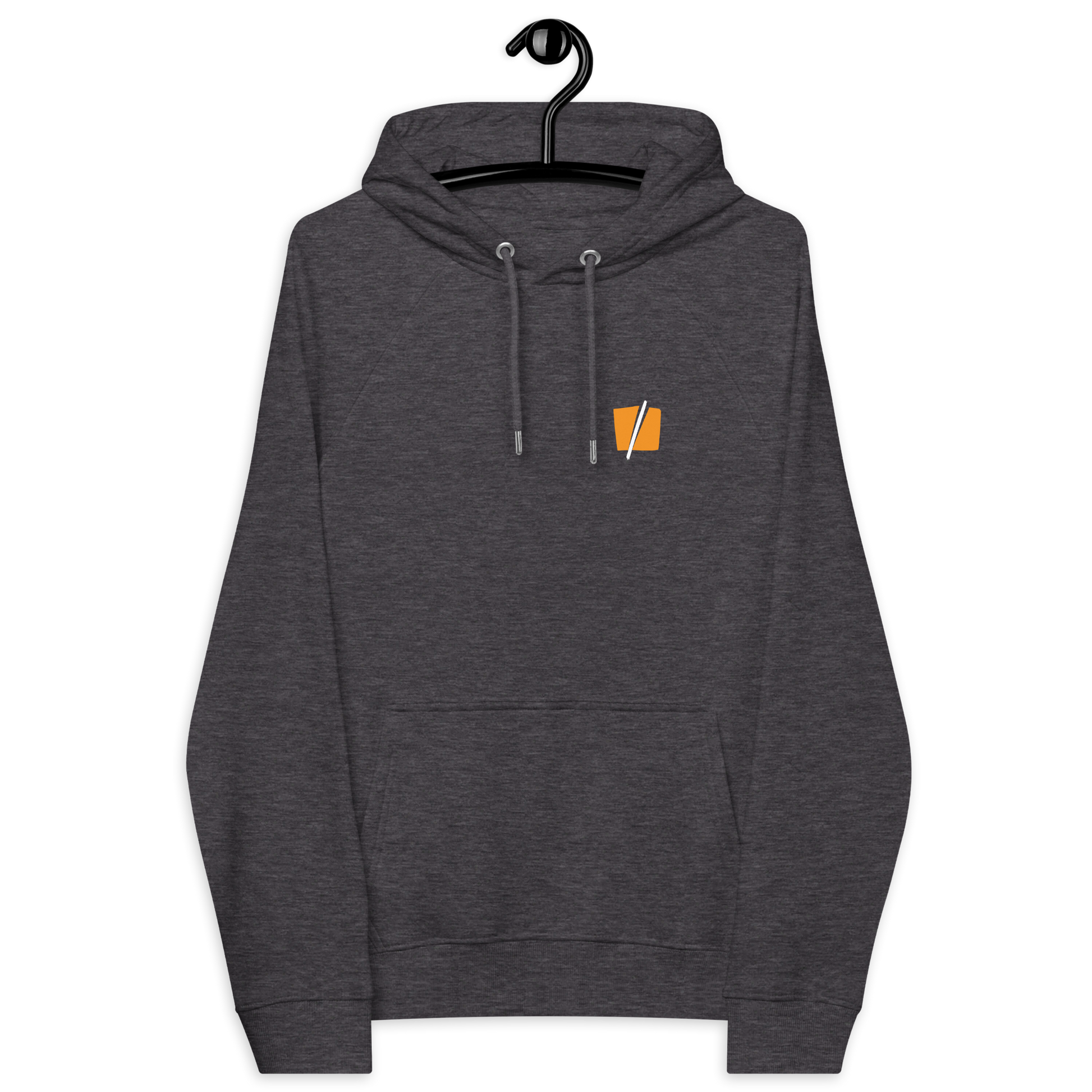 Front view of a charcoal melange colored bitcoin hoodie.