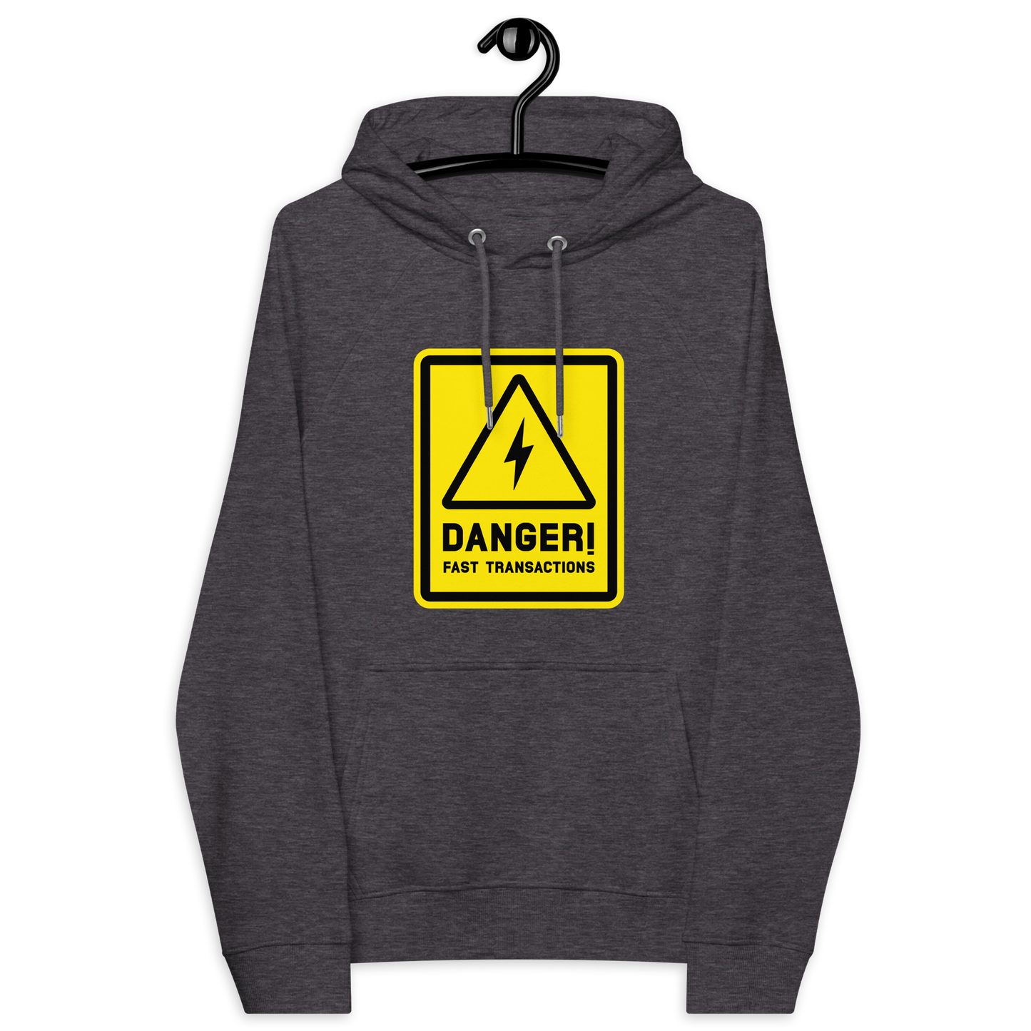 Front view of a charcoal melange colored bitcoin hoodie.