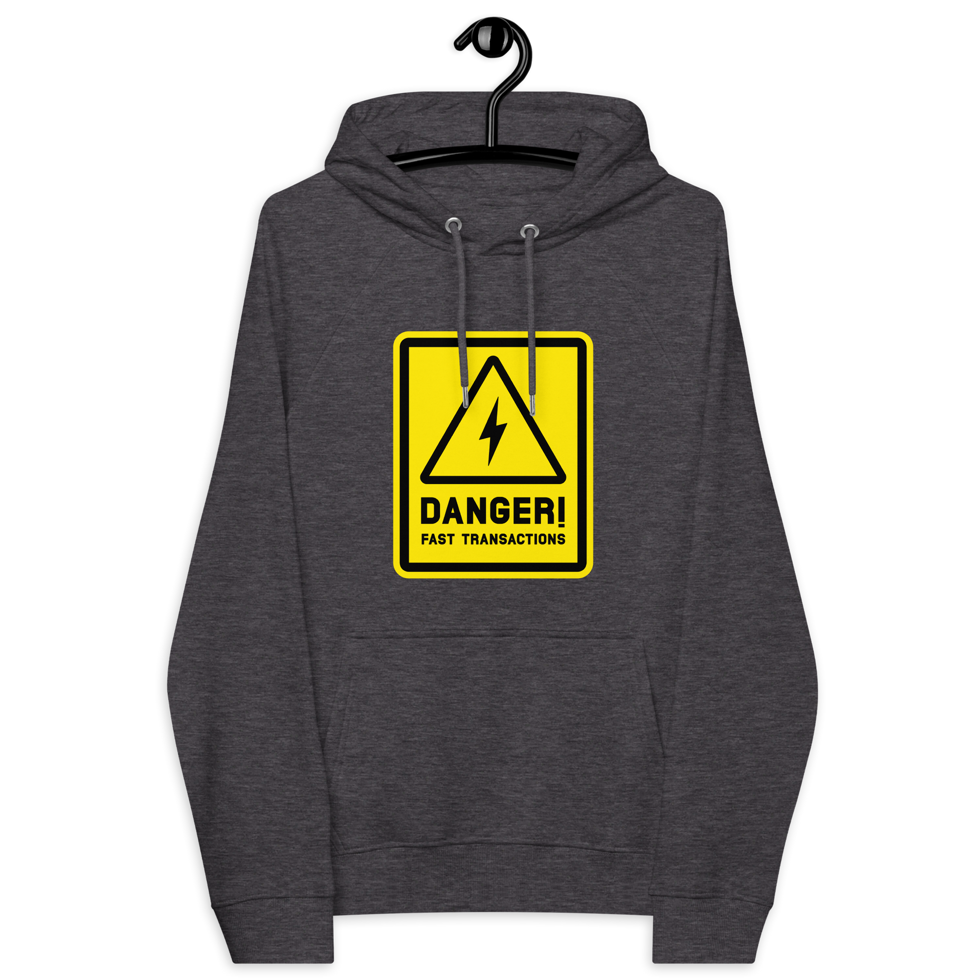 Front view of a charcoal melange colored bitcoin hoodie.