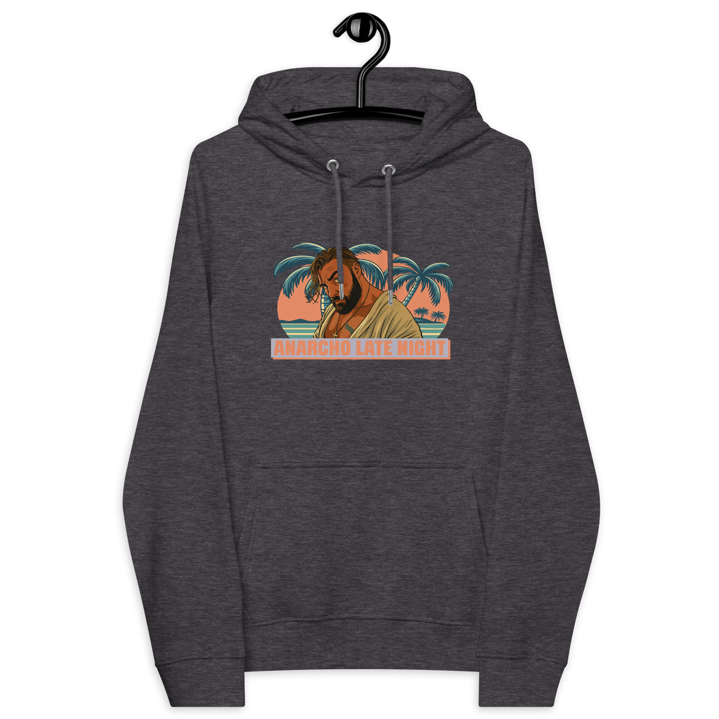Front view of a charcoal melange colored aln hoodie.
