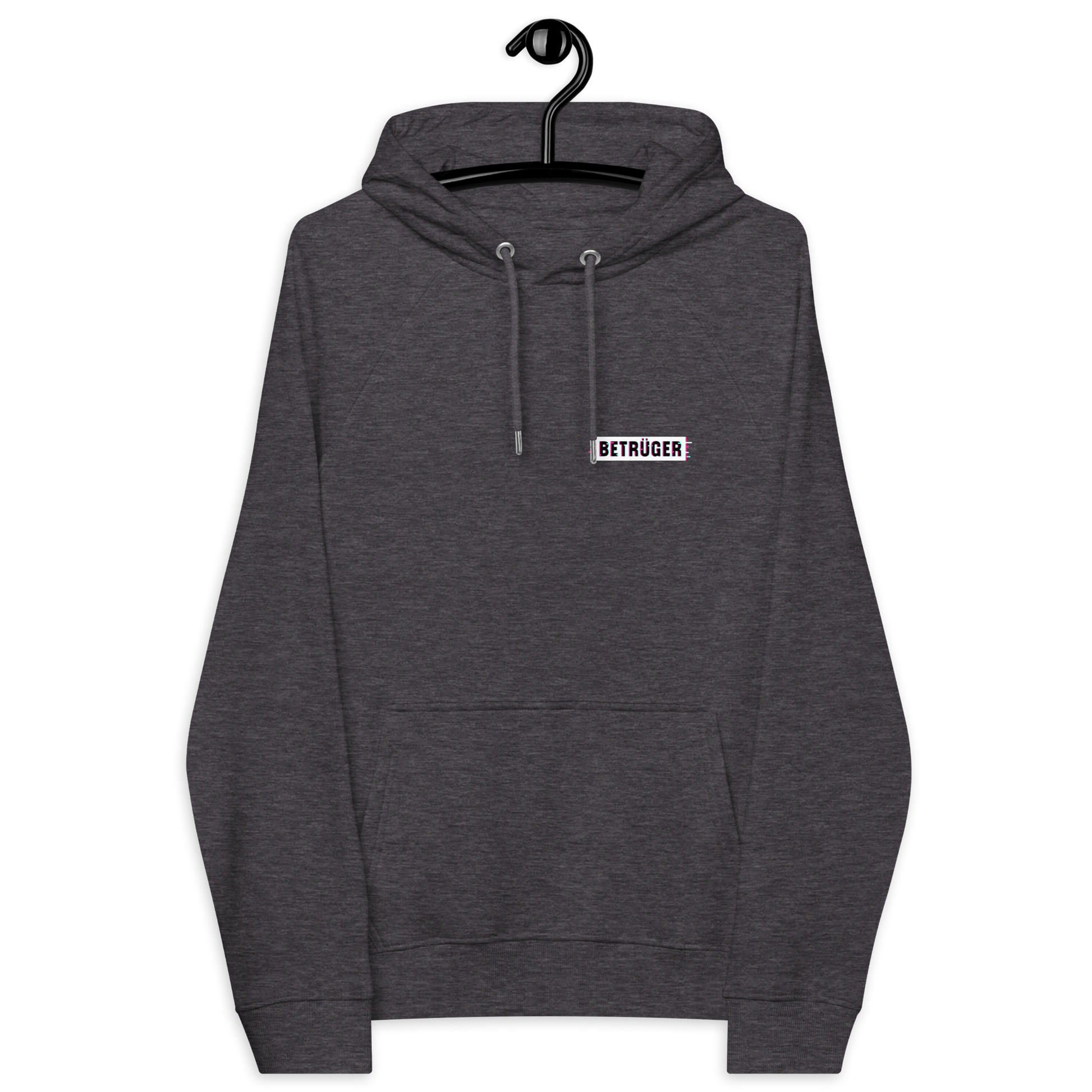 Front view of a charcoal melange colored aln hoodie.
