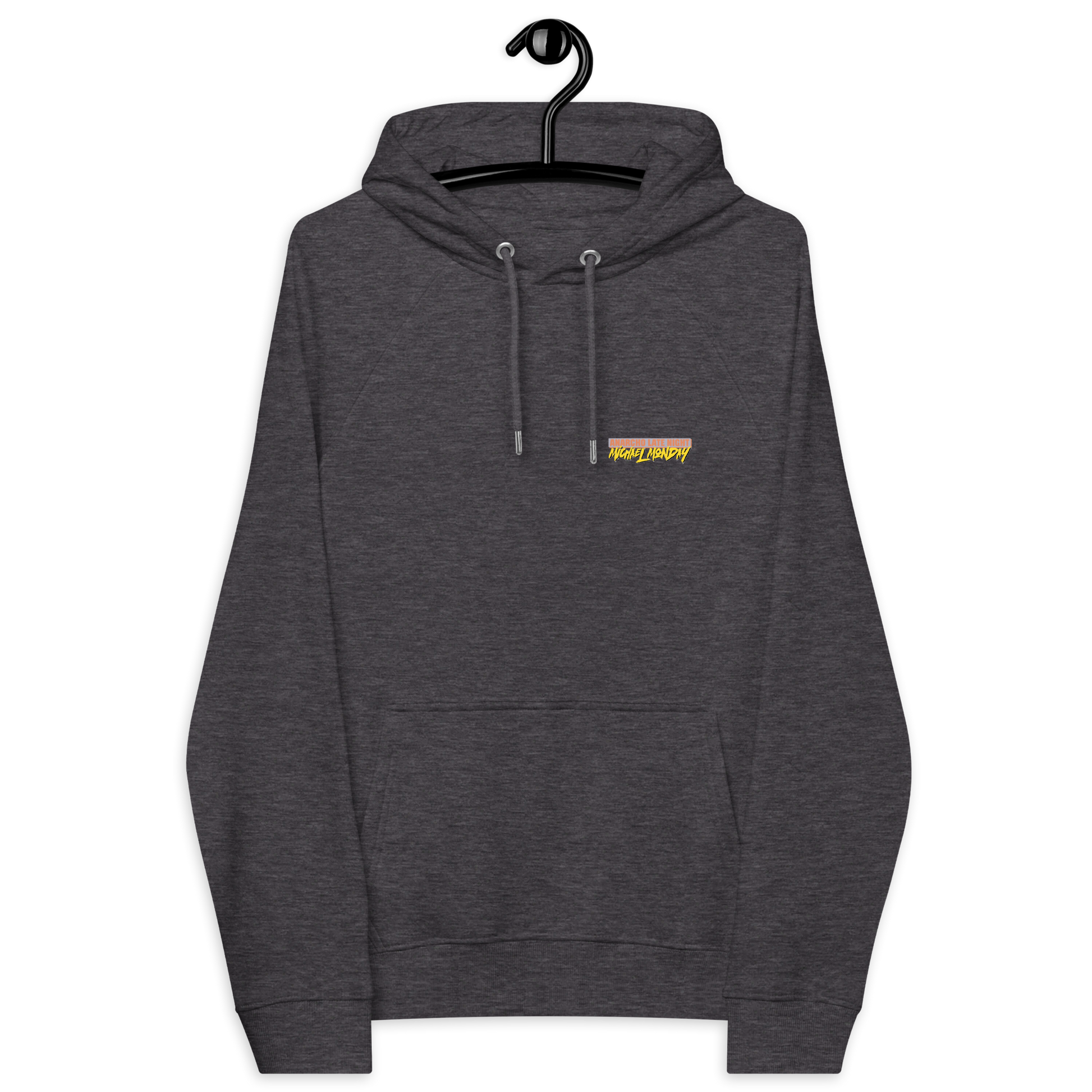 Front view of a charcoal melange colored aln hoodie.