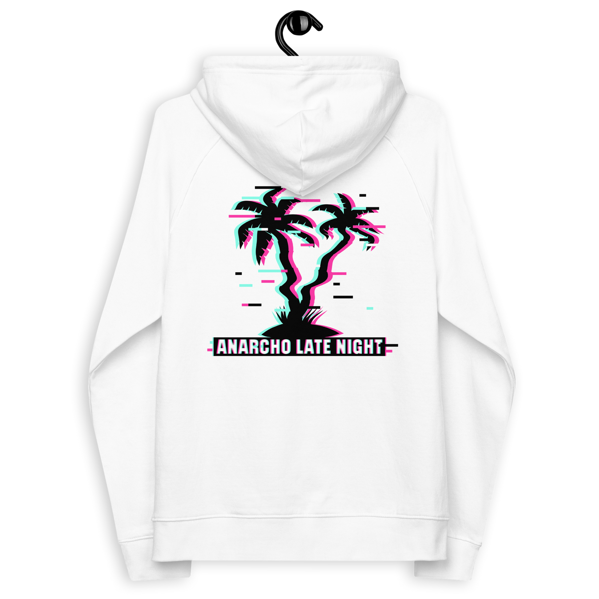 Back view of a white ALN hoodie.