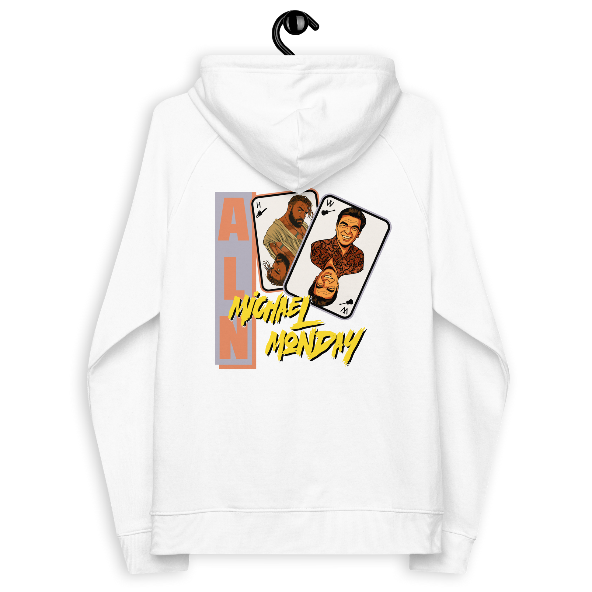 Back view of a white ALN hoodie.