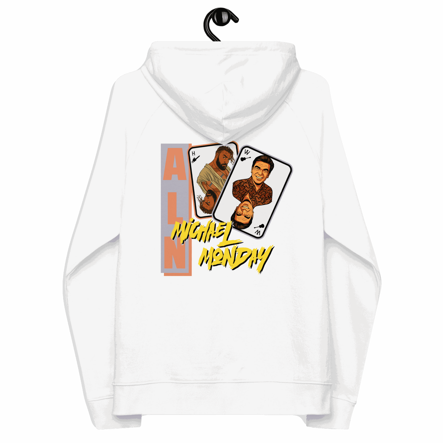 Back view of a white ALN hoodie.