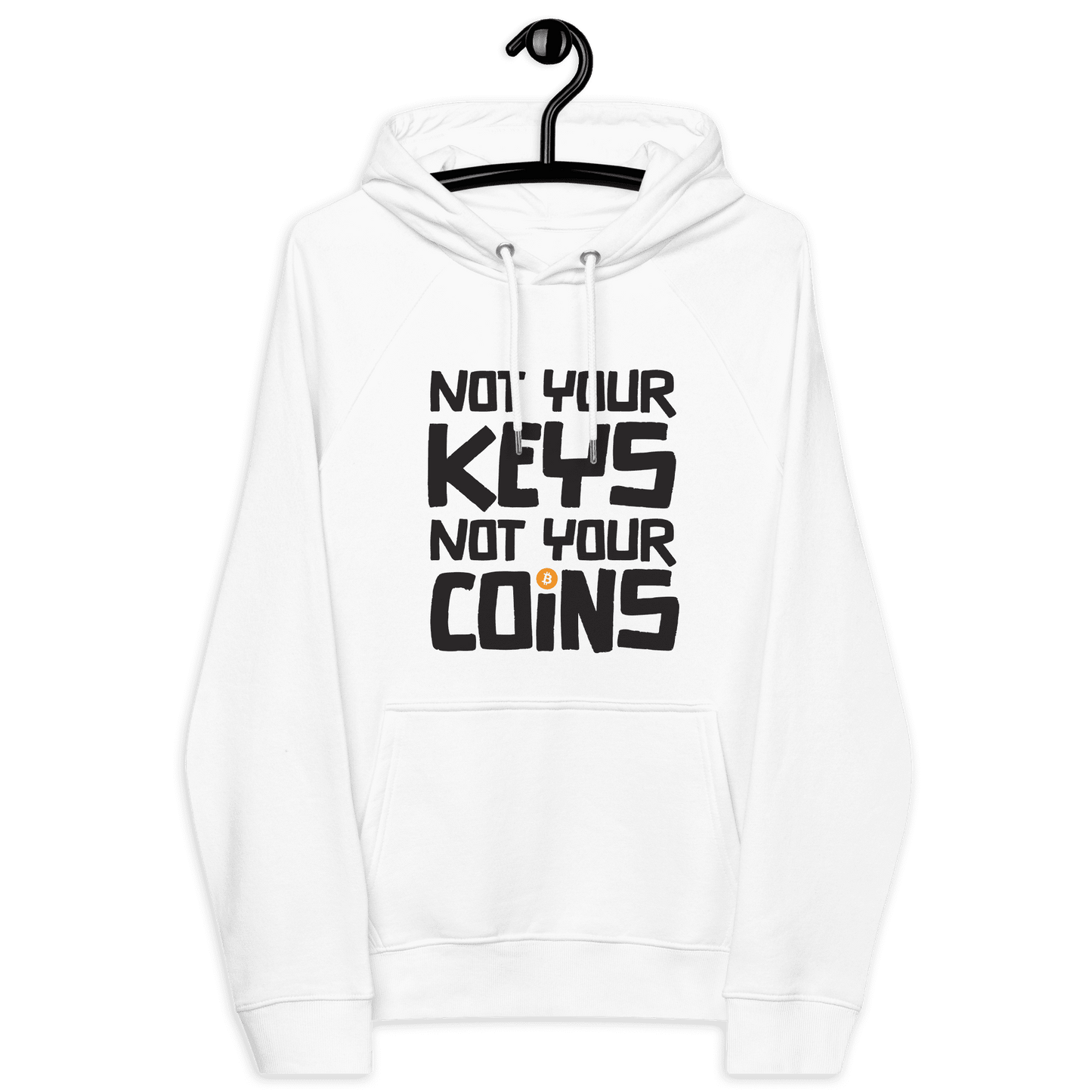 Front view of a white bitcoin hoodie.