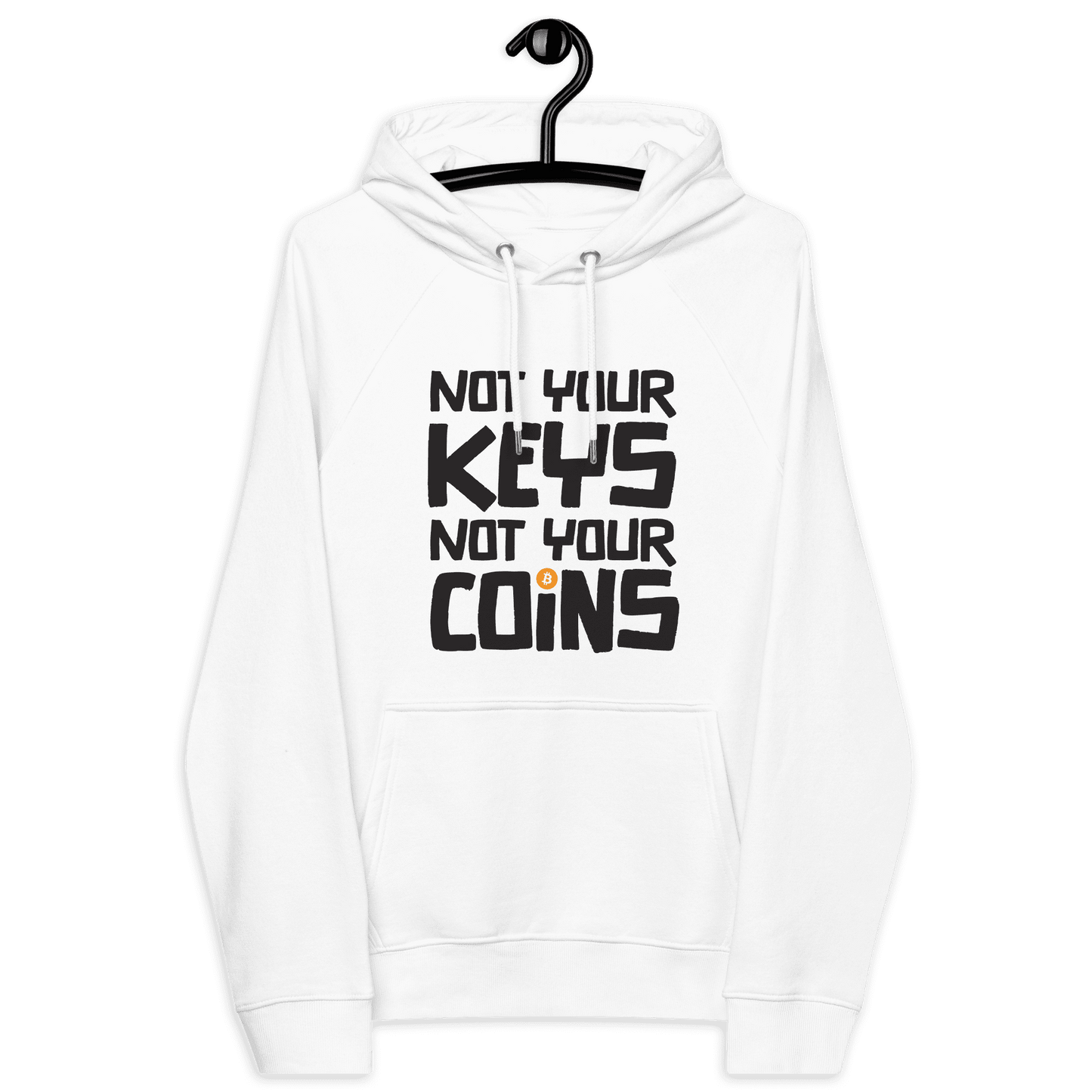 Eco Raglan hoodie with "Not your Keys Not your Coins" Bitcoin design and sustainable certifications