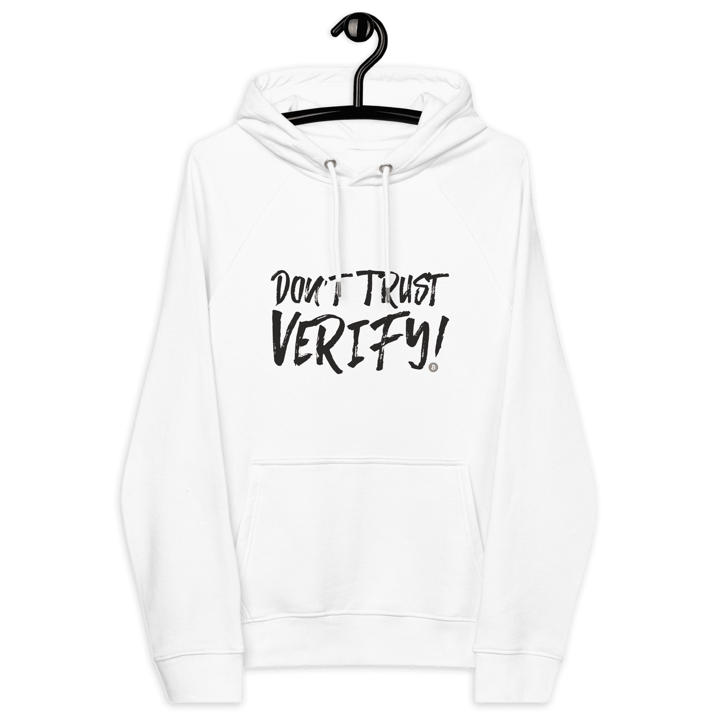 Front view of a white bitcoin hoodie.