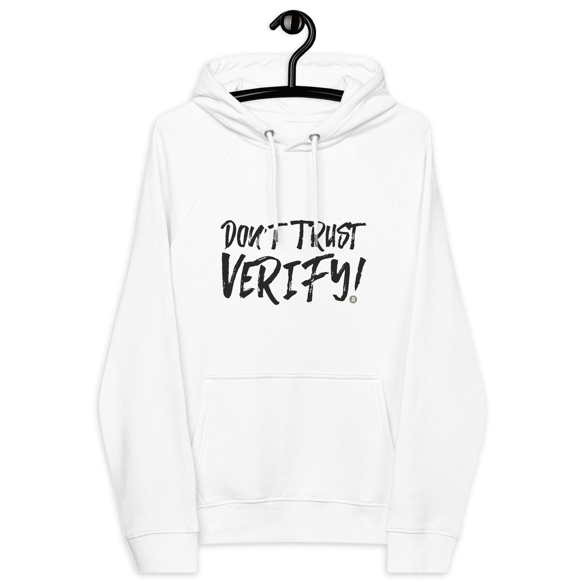 Front view of a white bitcoin hoodie.