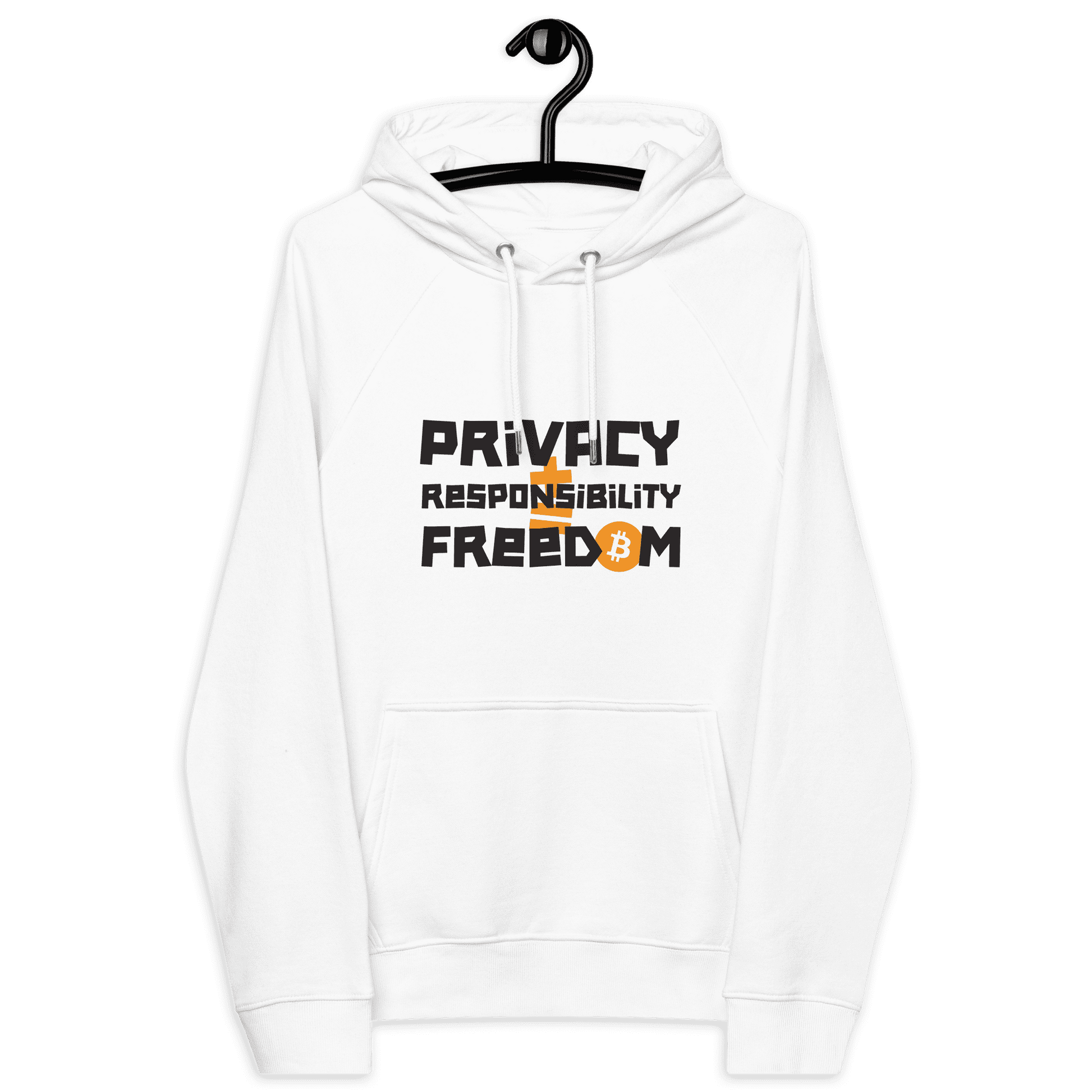 Front view of a white bitcoin hoodie.
