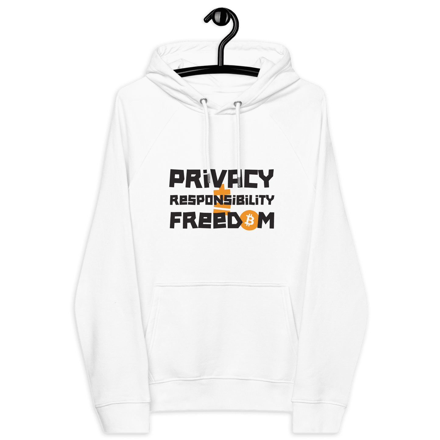 Eco raglan Bitcoin hoodie with Privacy Responsibility Freedom certifications including OEKO-TEX, PETA, GOTS, OCS, and GRS logos