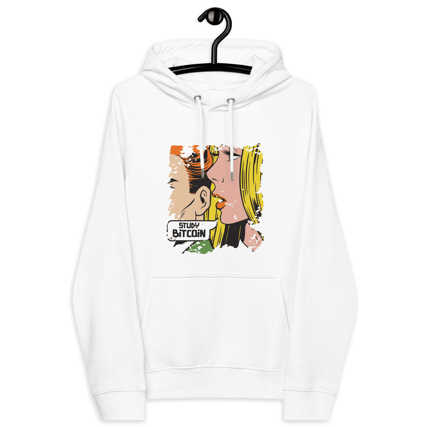 Eco-friendly Study Bitcoin Hoodie with certification logos including OEKO-TEX, PETA, GOTS, OCS, and GRS