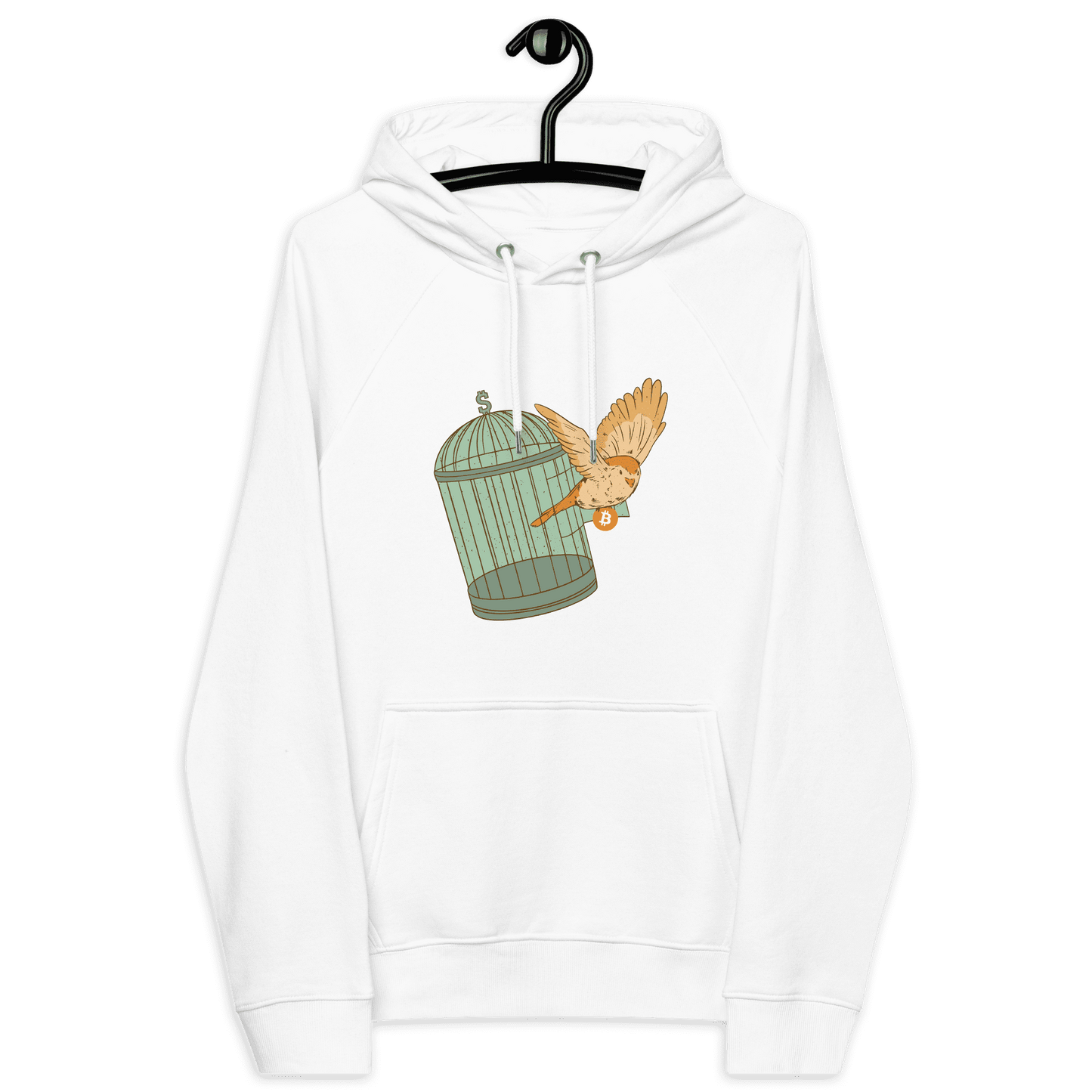 Eco raglan unisex Bitcoin hoodie promoting escape from fiat madness with multiple eco-friendly certifications.