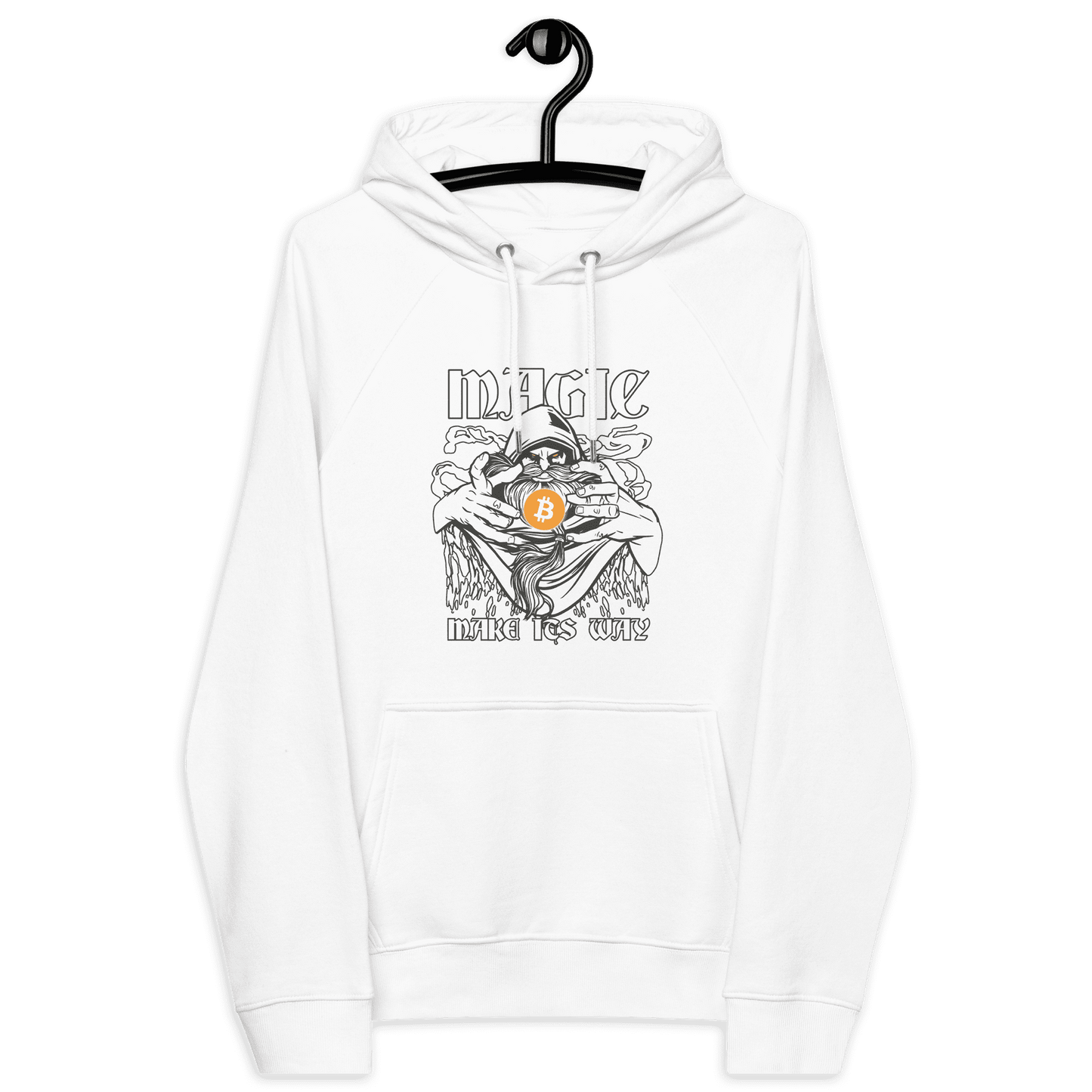Front view of a white bitcoin hoodie.