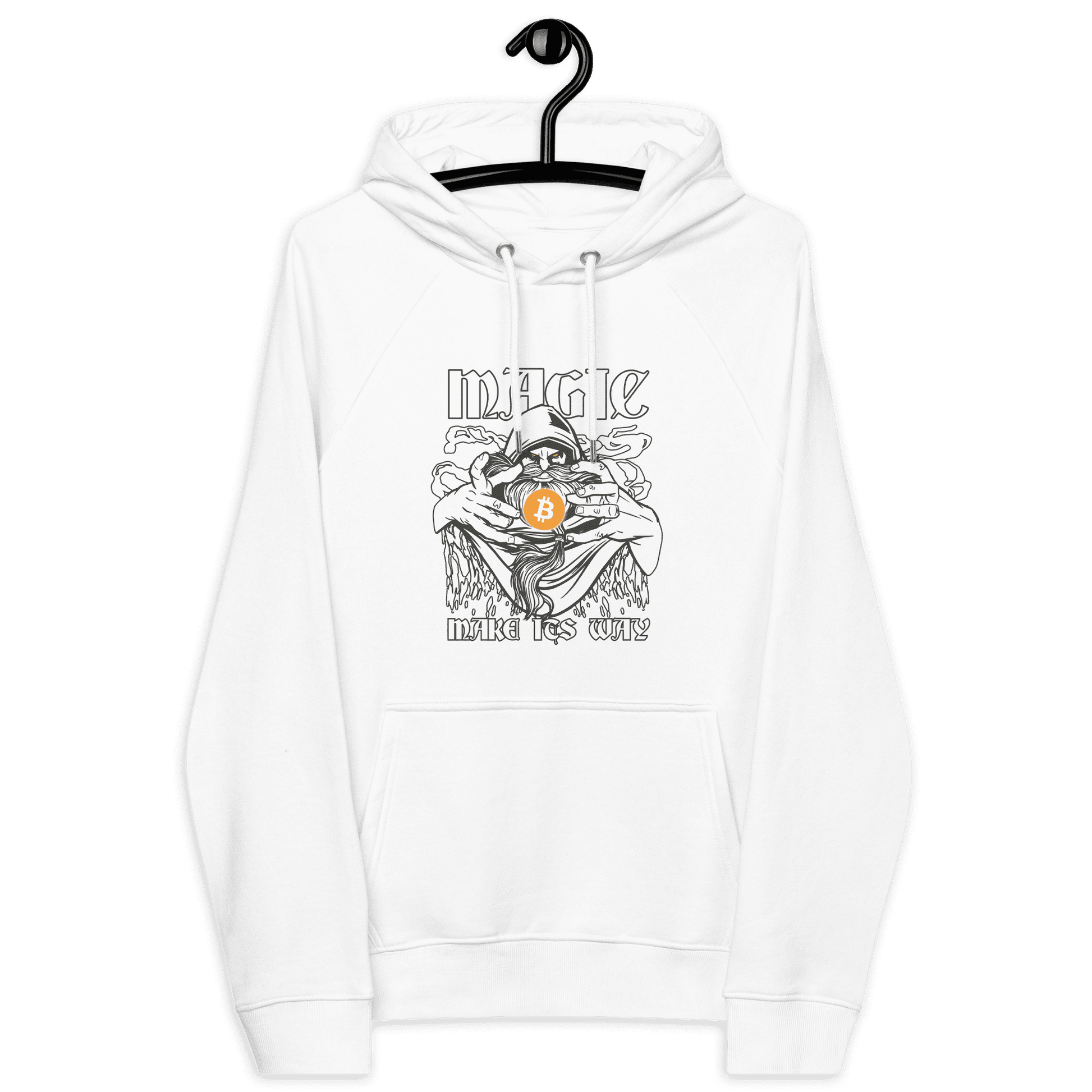 Front view of a white bitcoin hoodie.