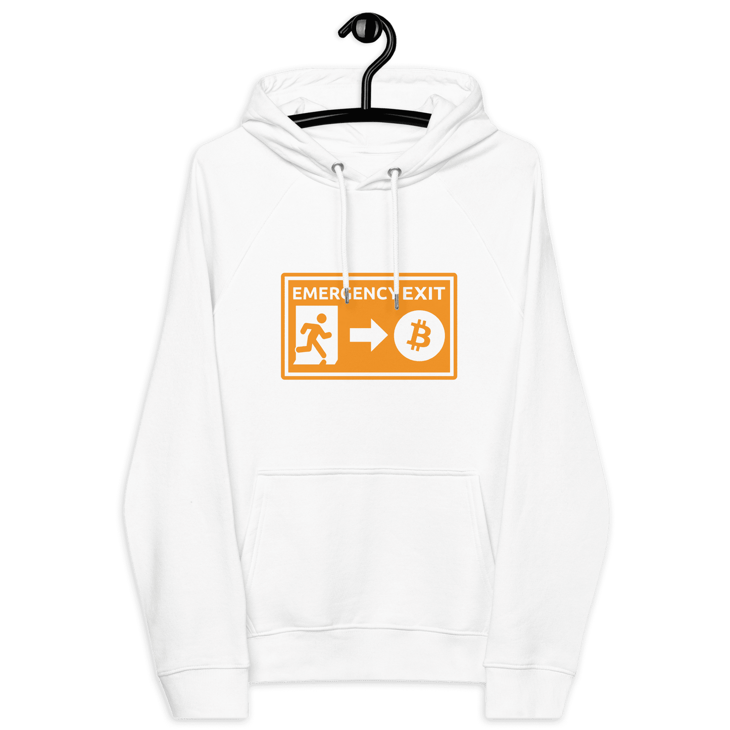 Certification logos for OEKO-TEX, PETA, GOTS, OCS, GRS on Eco Raglan Bitcoin Hoodie promoting Emergency Exit concept
