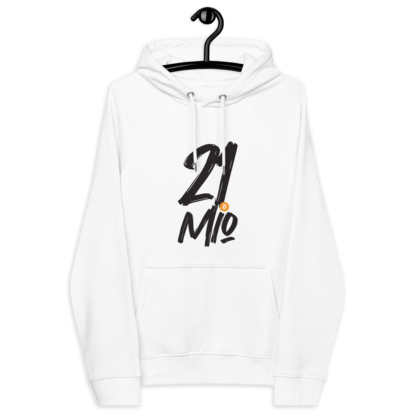 Front view of a white bitcoin hoodie.