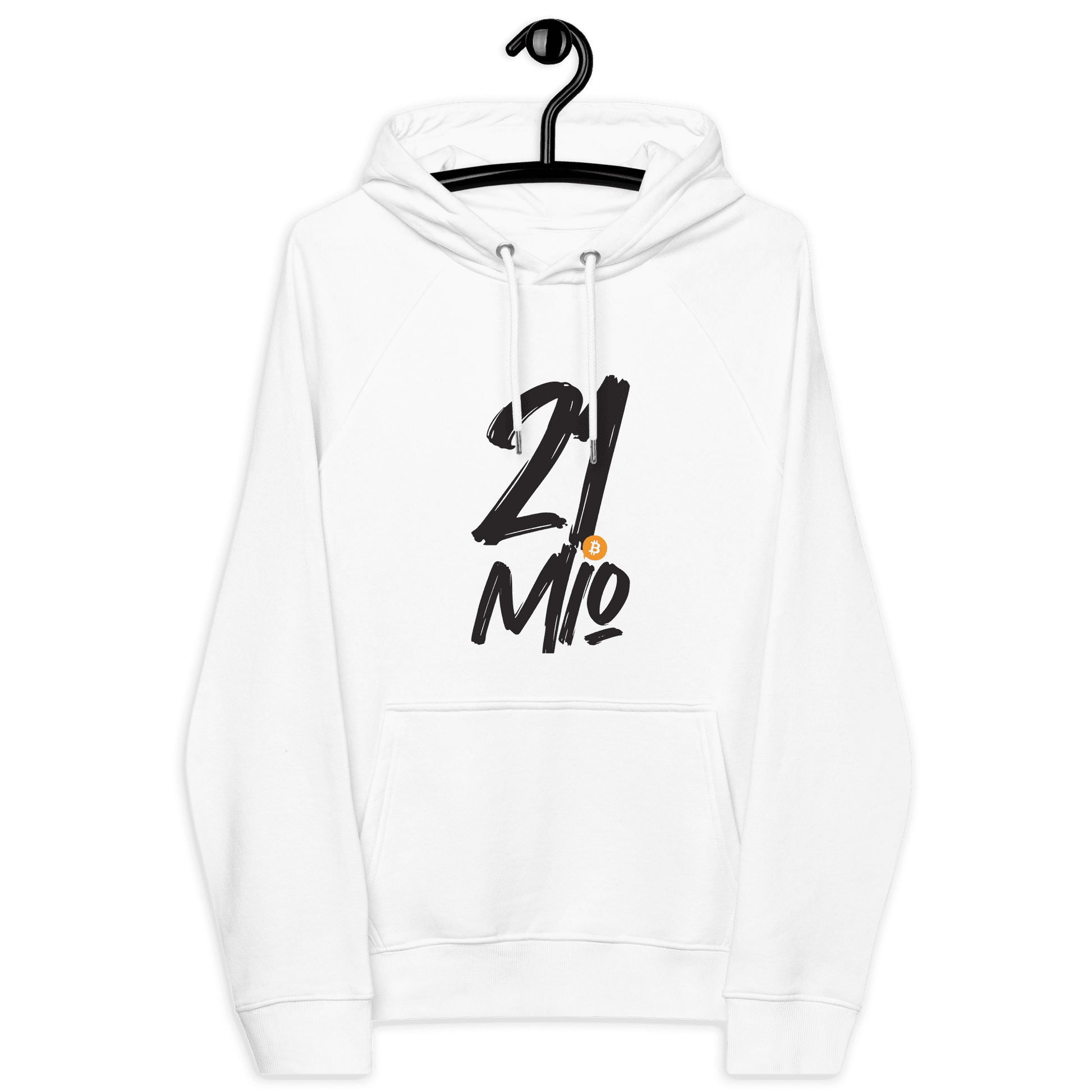 Front view of a white bitcoin hoodie.