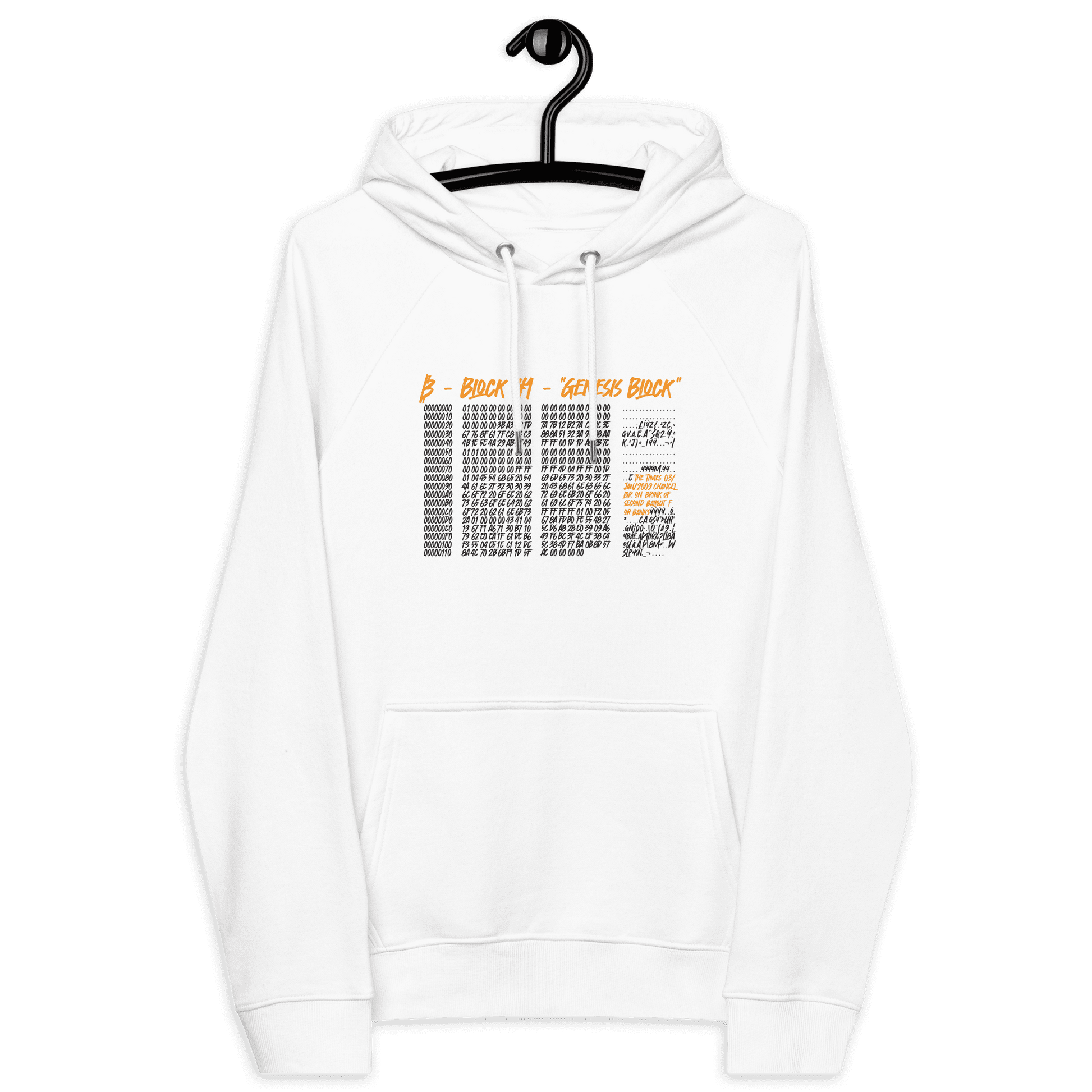Front view of a white bitcoin hoodie.
